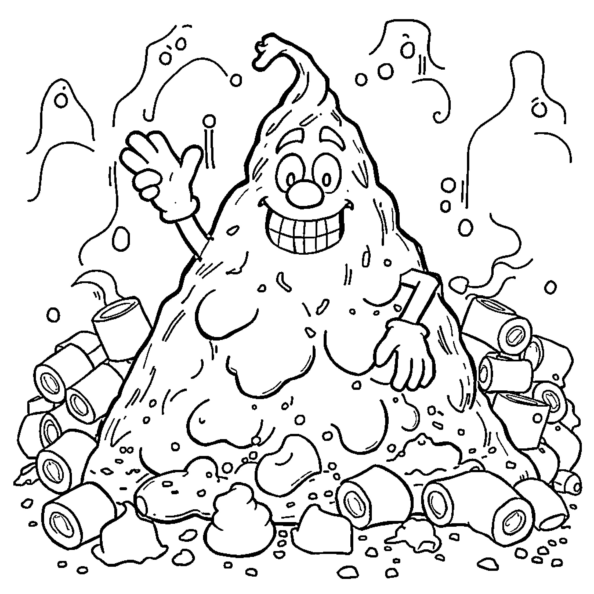Poop Man having a jolly time with toys and bubbles Coloring Page (free black-and-white line drawing printable PDF for all, from beginners to advanced learners, including children, teens, adults, and seniors)