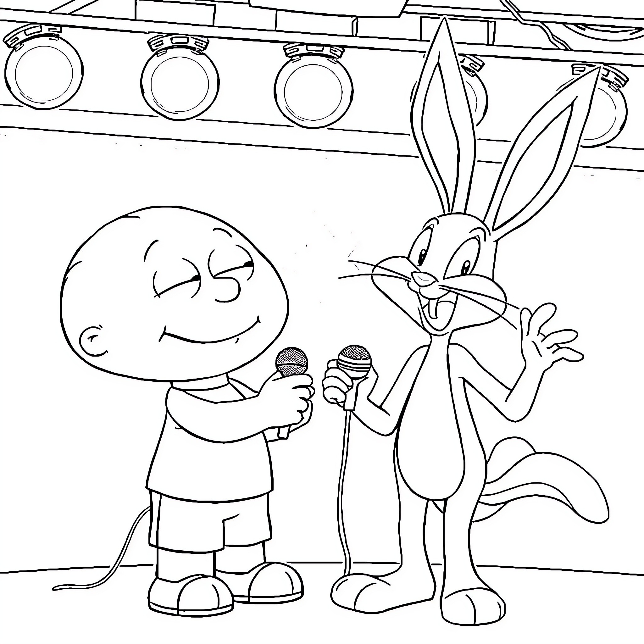 Stewie and Bugs Bunny performing together Coloring Page (free black-and-white line drawing printable PDF for all, from beginners to advanced learners, including children, teens, adults, and seniors)