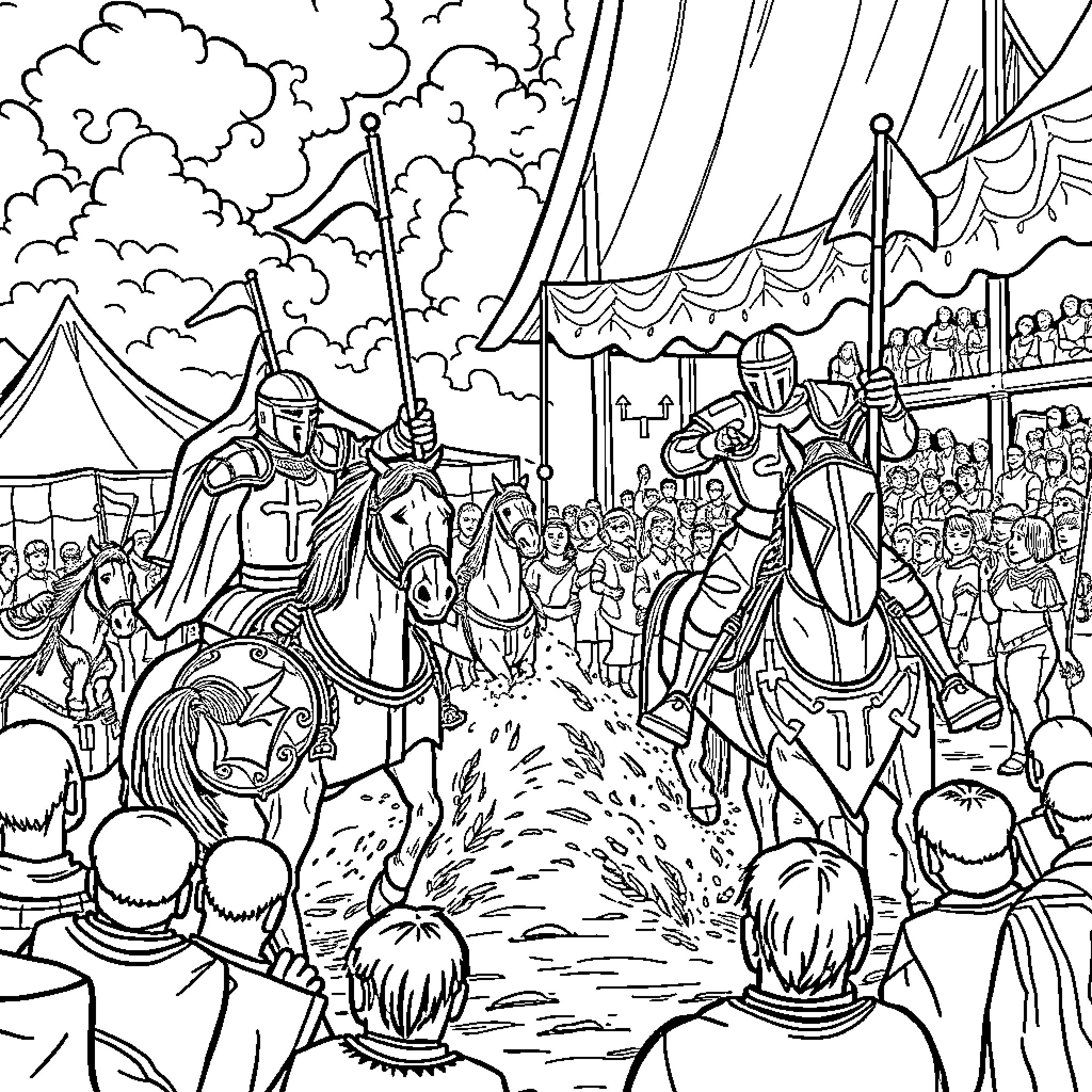 Joust between medieval knights in an elaborate tournament Coloring Page (free black-and-white line drawing printable PDF for all, from beginners to advanced learners, including children, teens, adults, and seniors)