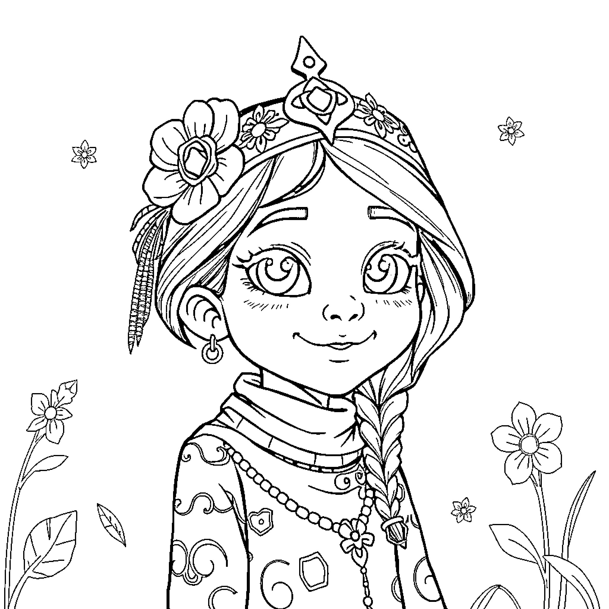 Rumi's Enchanting Floral Adornments Coloring Page (free black-and-white line drawing printable PDF for all, from beginners to advanced learners, including children, teens, adults, and seniors)