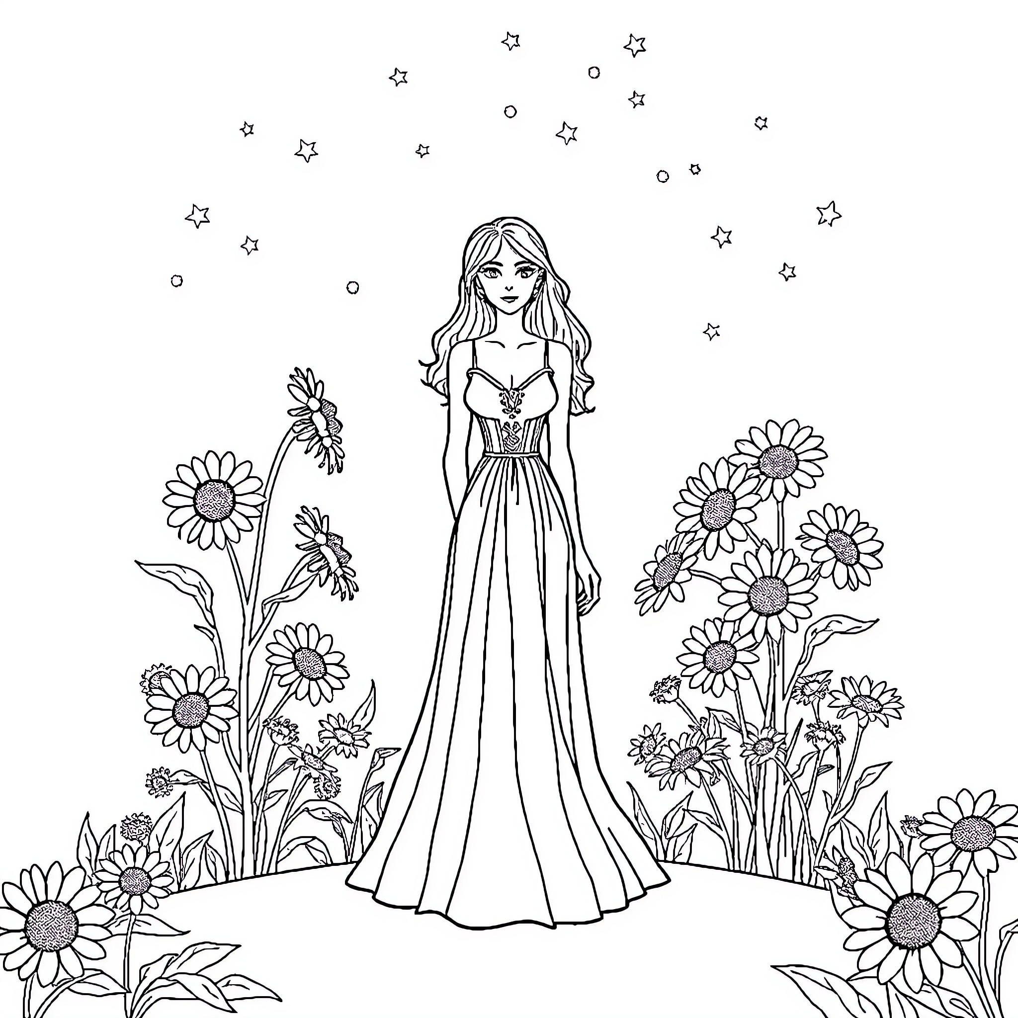 Sunflower beauty in a starry field Coloring Page (free black-and-white line drawing printable PDF for all, from beginners to advanced learners, including children, teens, adults, and seniors)