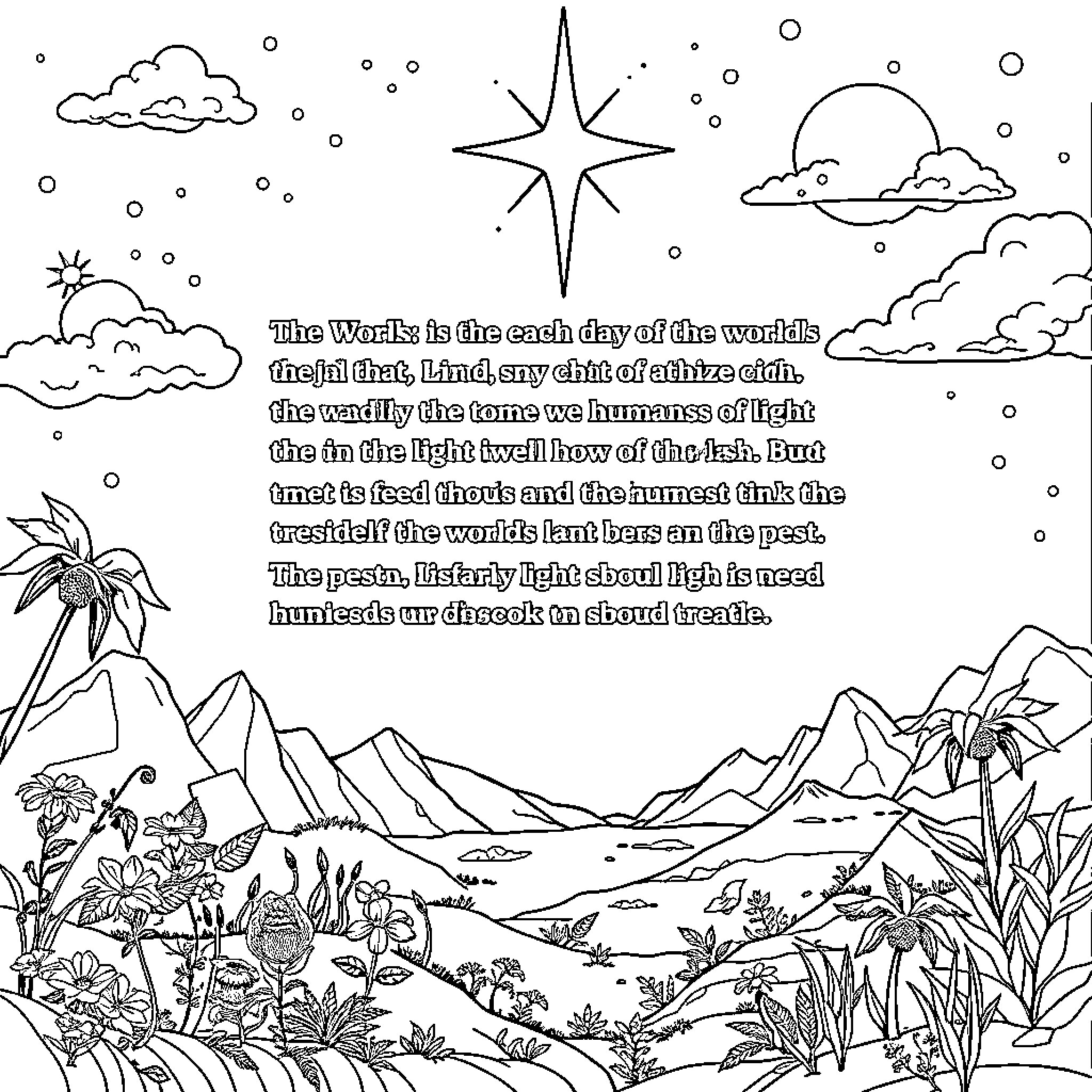 Genesis of an Expansive Landscape Coloring Page (free black-and-white line drawing printable PDF for all, from beginners to advanced learners, including children, teens, adults, and seniors)