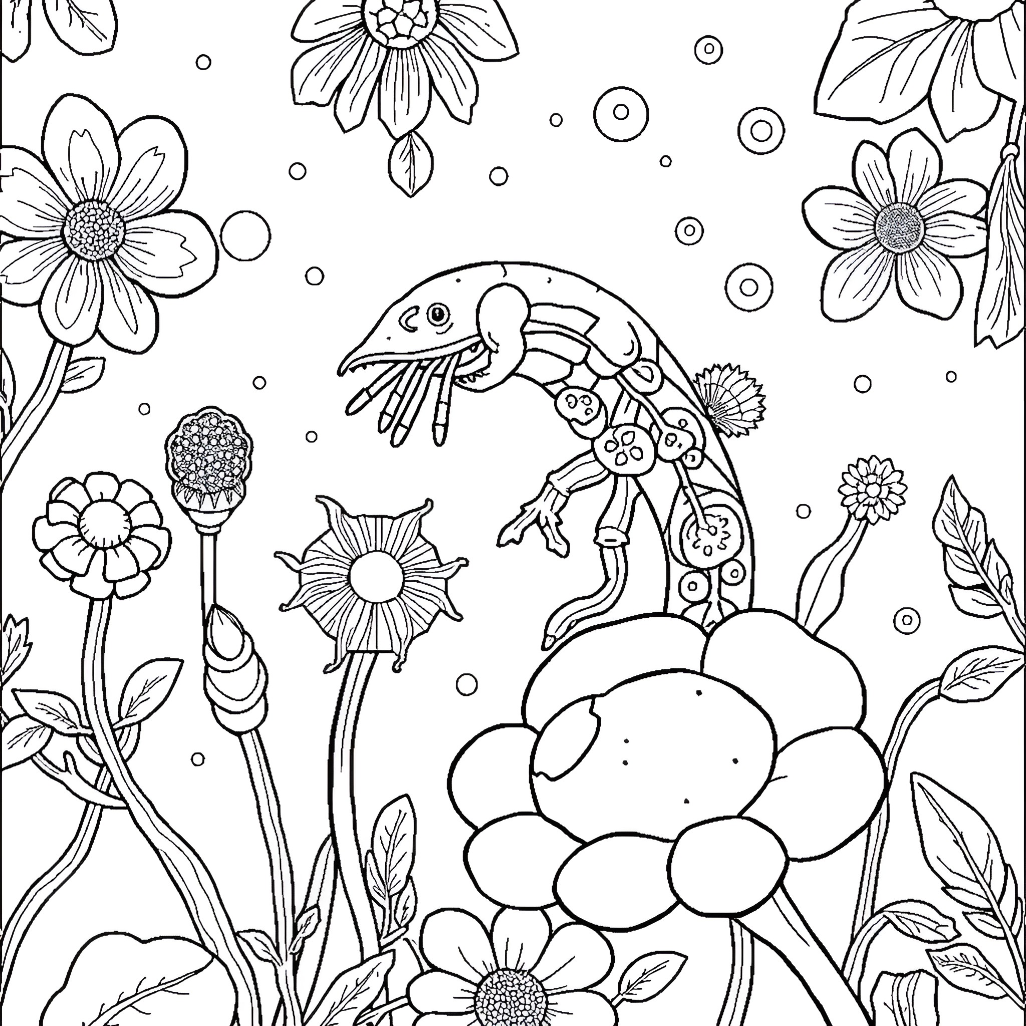 Biotechnology garden with whimsical creatures and flowers Coloring Page (free black-and-white line drawing printable PDF for all, from beginners to advanced learners, including children, teens, adults, and seniors)