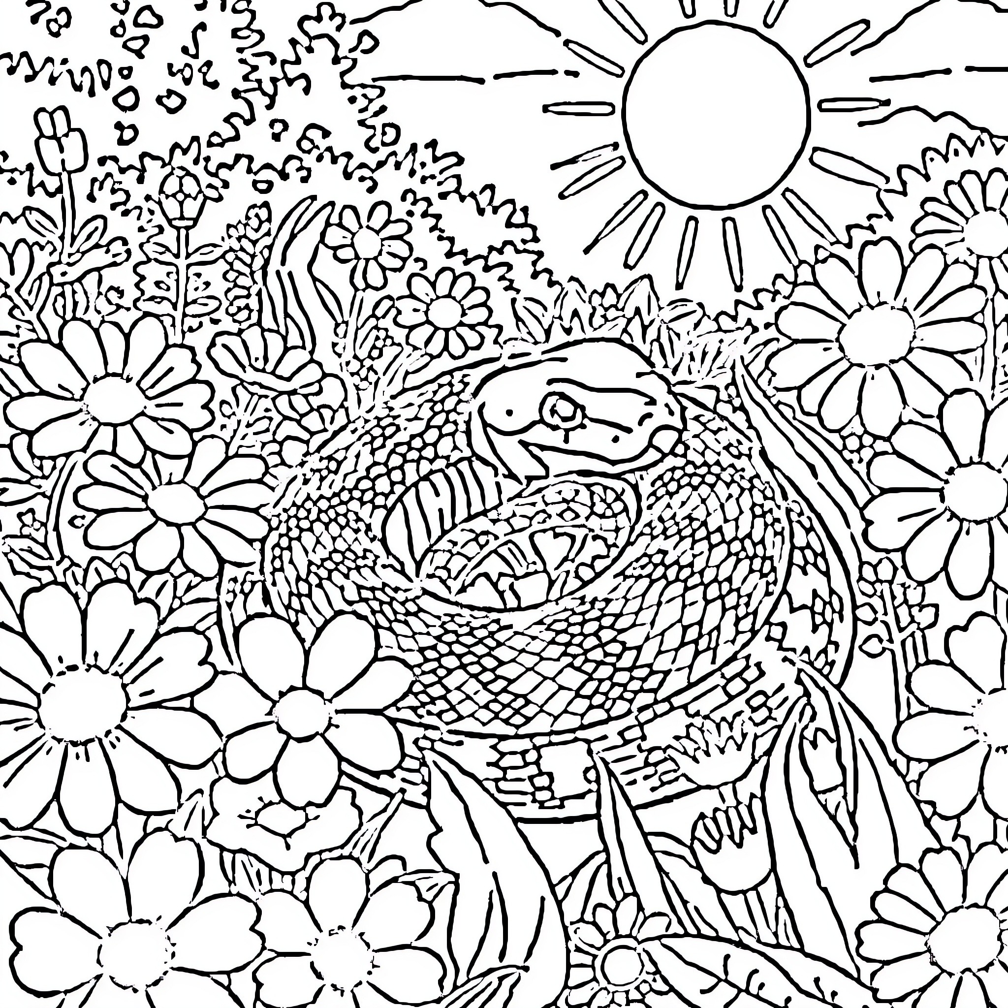 Hognose Snake in a Floral Wonderland Coloring Page (free black-and-white line drawing printable PDF for all, from beginners to advanced learners, including children, teens, adults, and seniors)