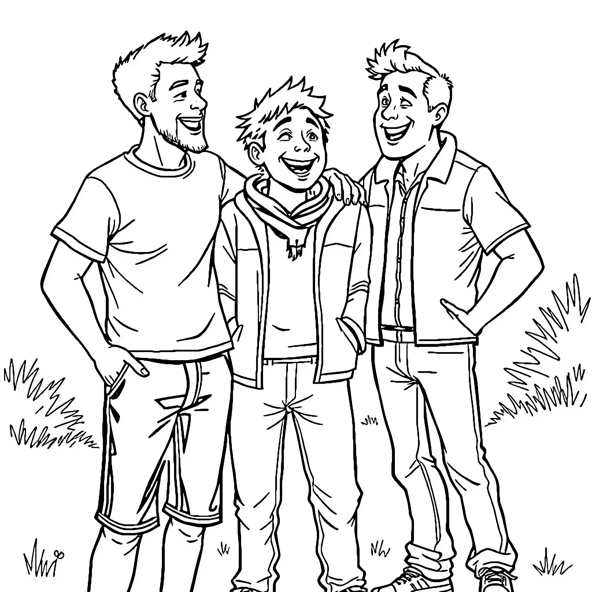 Rutger and Friends Enjoying Outdoor Adventure Coloring Page (free black-and-white line drawing printable PDF for all, from beginners to advanced learners, including children, teens, adults, and seniors)