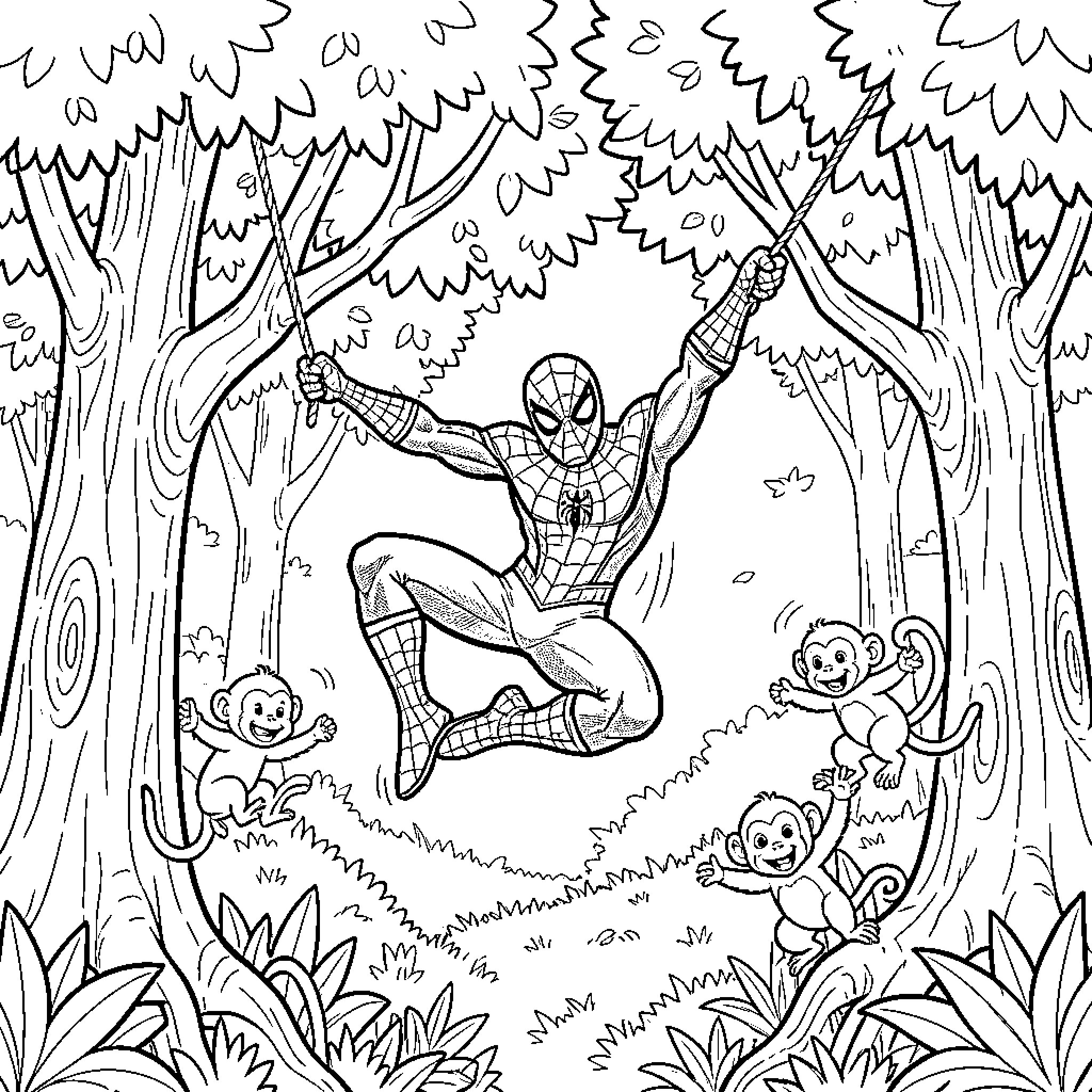Spiderman swinging through a magical forest Coloring Page (free black-and-white line drawing printable PDF for all, from beginners to advanced learners, including children, teens, adults, and seniors)
