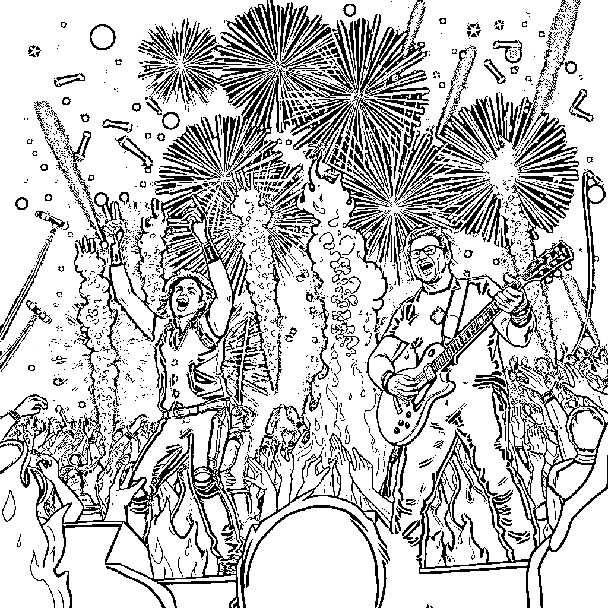 Band performing lively on stage with fireworks Coloring Page (free black-and-white line drawing printable PDF for all, from beginners to advanced learners, including children, teens, adults, and seniors)