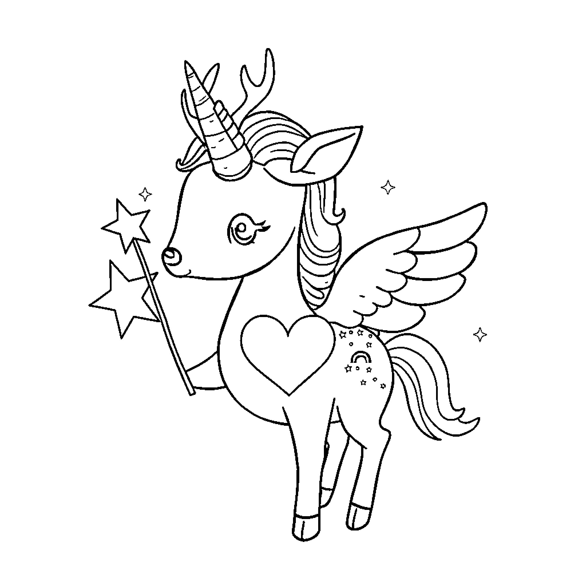 Deer-Corn Magical Unicorn with Wings and Heart Coloring Page (free black-and-white line drawing printable PDF for all, from beginners to advanced learners, including children, teens, adults, and seniors)