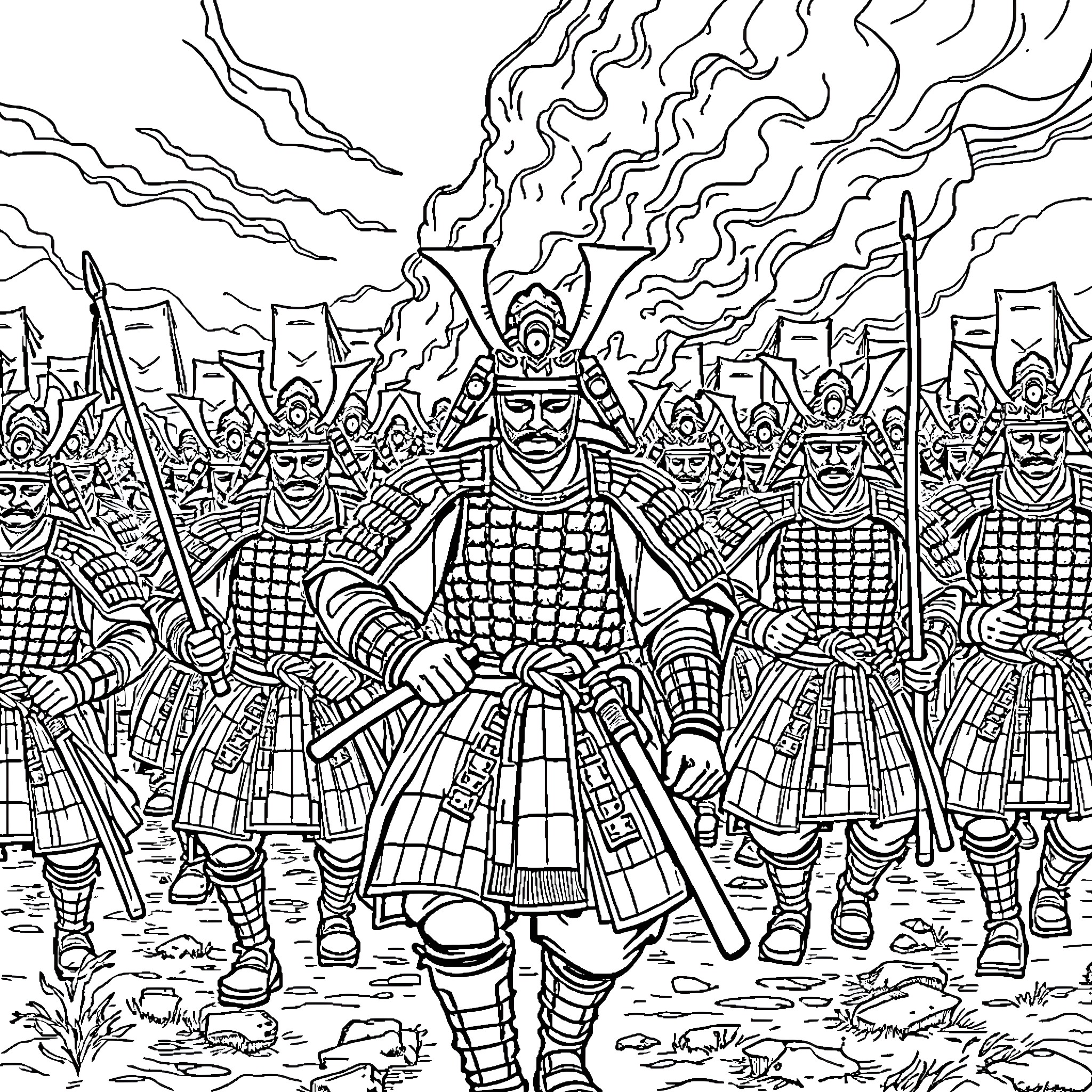 Samurai Warriors Charging Into Battle Coloring Page (free black-and-white line drawing printable PDF for all, from beginners to advanced learners, including children, teens, adults, and seniors)