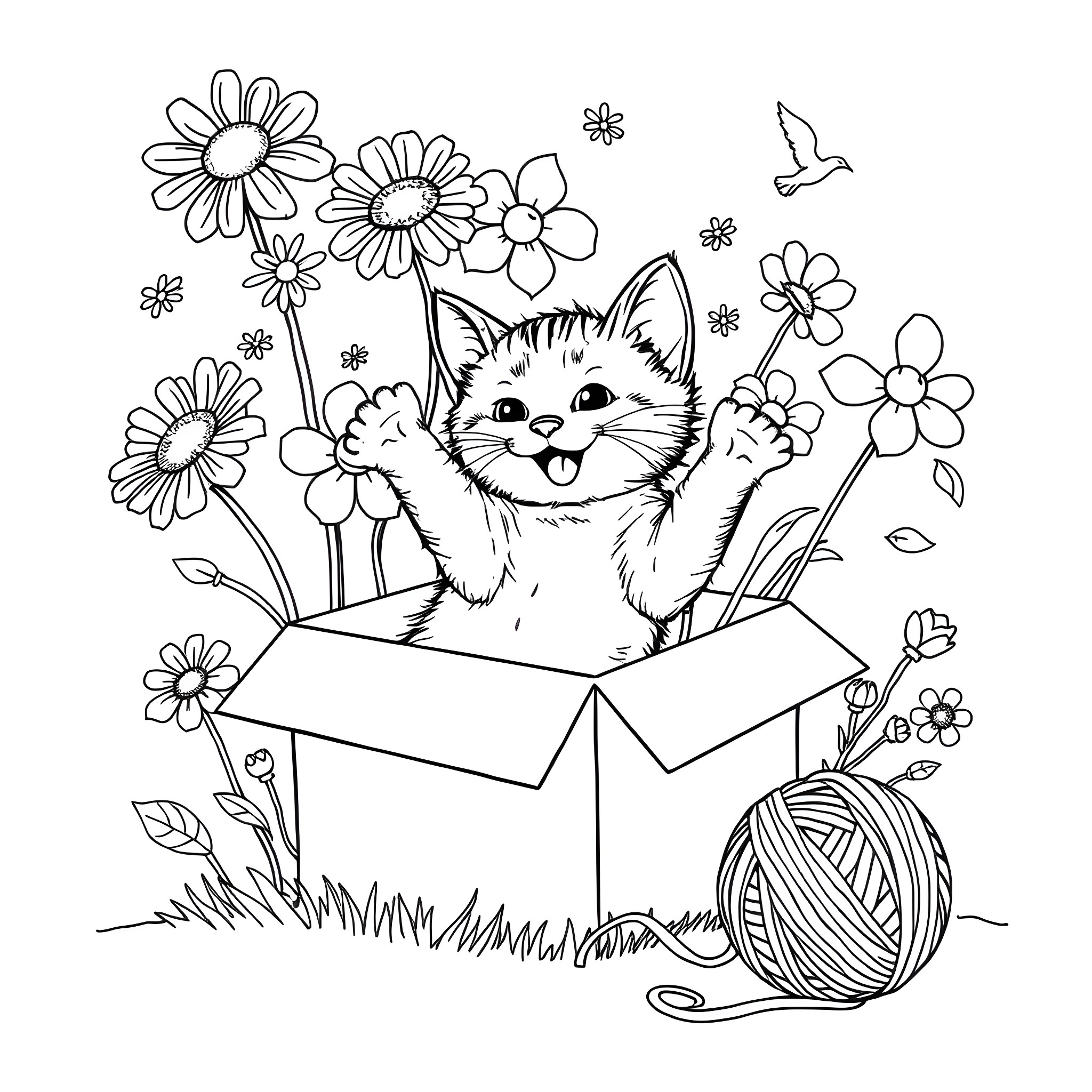 Kitty playing in a box filled with flowers Coloring Page (free black-and-white line drawing printable PDF for all, from beginners to advanced learners, including children, teens, adults, and seniors)