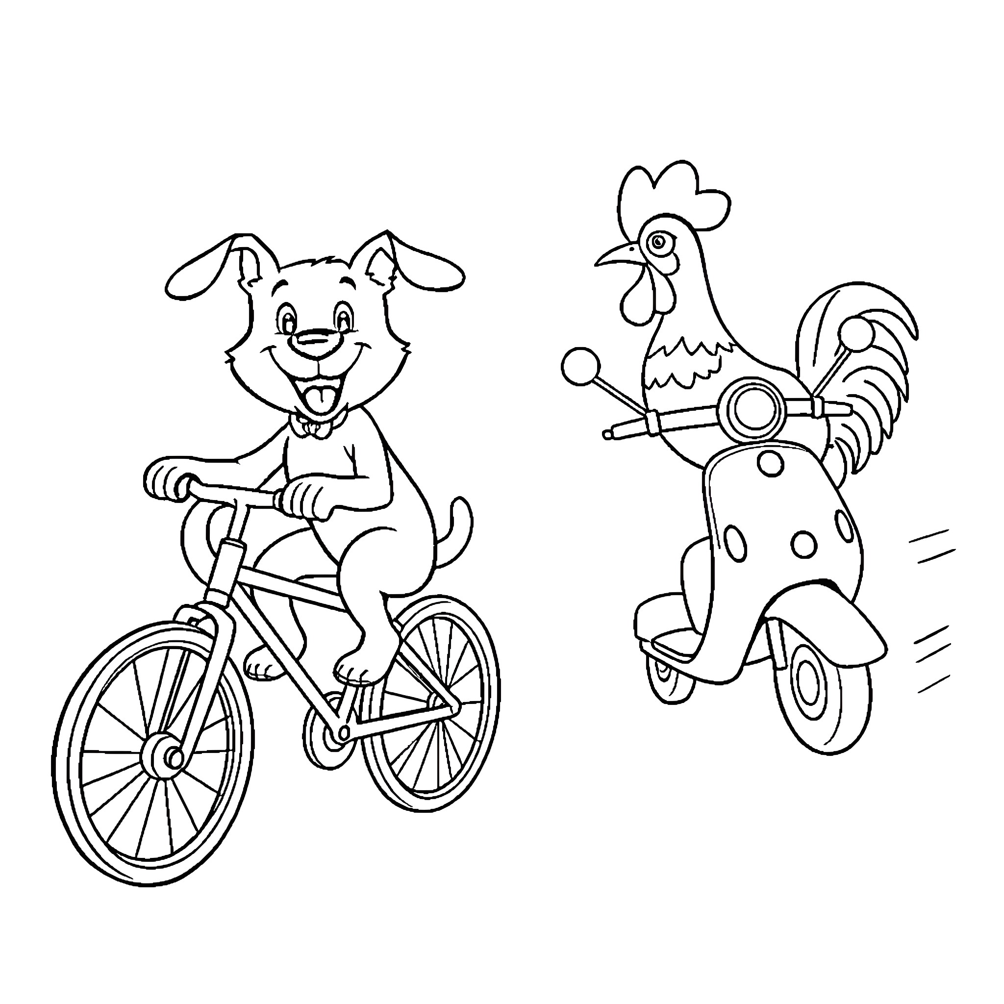Dog riding bike and rooster on scooter Coloring Page (free black-and-white line drawing printable PDF for all, from beginners to advanced learners, including children, teens, adults, and seniors)