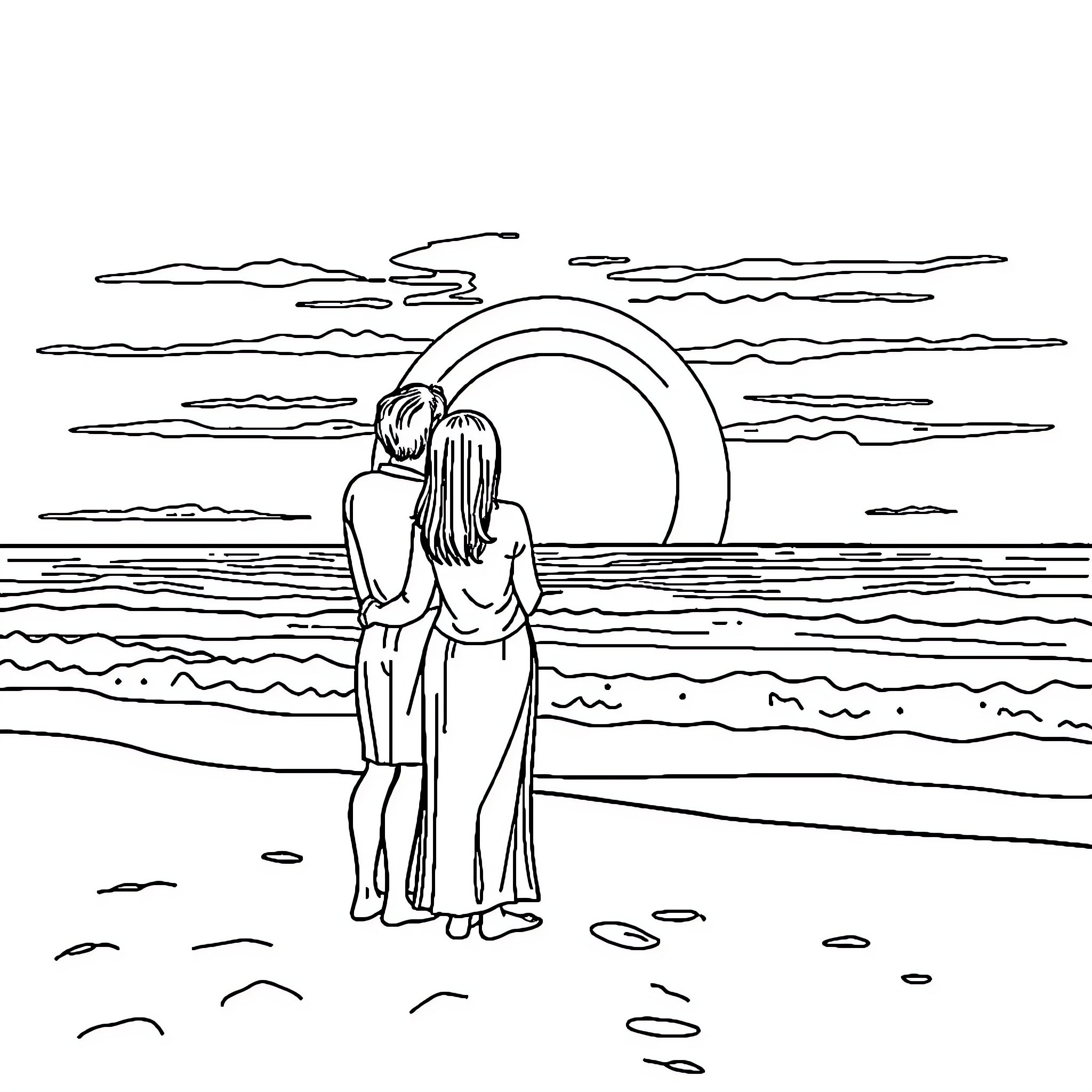 Couple embracing at sunset on the beach Coloring Page (free black-and-white line drawing printable PDF for all, from beginners to advanced learners, including children, teens, adults, and seniors)
