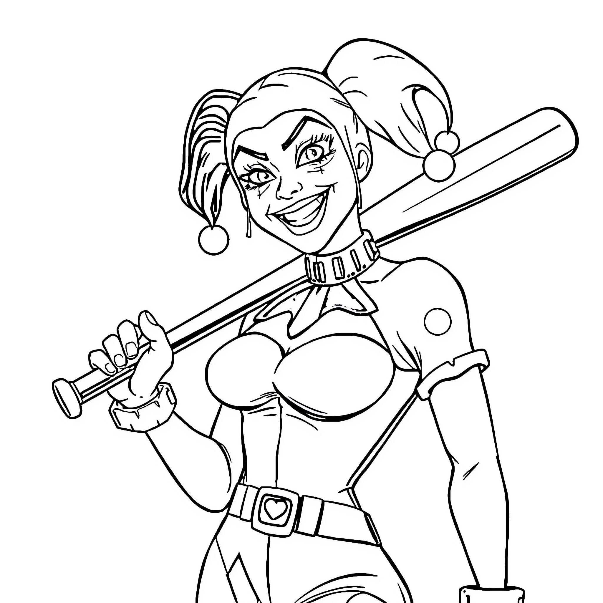 Harley Quinn wielding baseball bat with mischievous expression Coloring Page (free black-and-white line drawing printable PDF for all, from beginners to advanced learners, including children, teens, adults, and seniors)