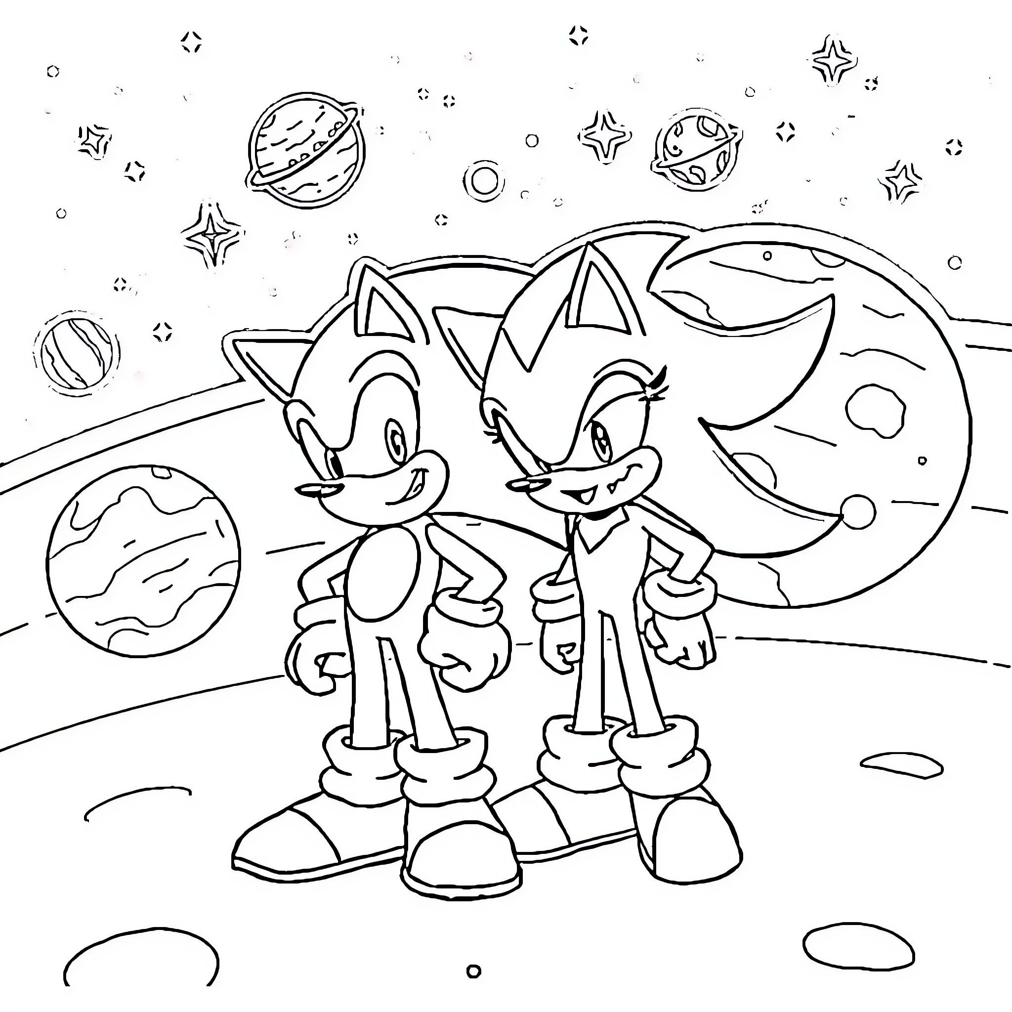 Sonic characters exploring outer space Coloring Page (free black-and-white line drawing printable PDF for all, from beginners to advanced learners, including children, teens, adults, and seniors)