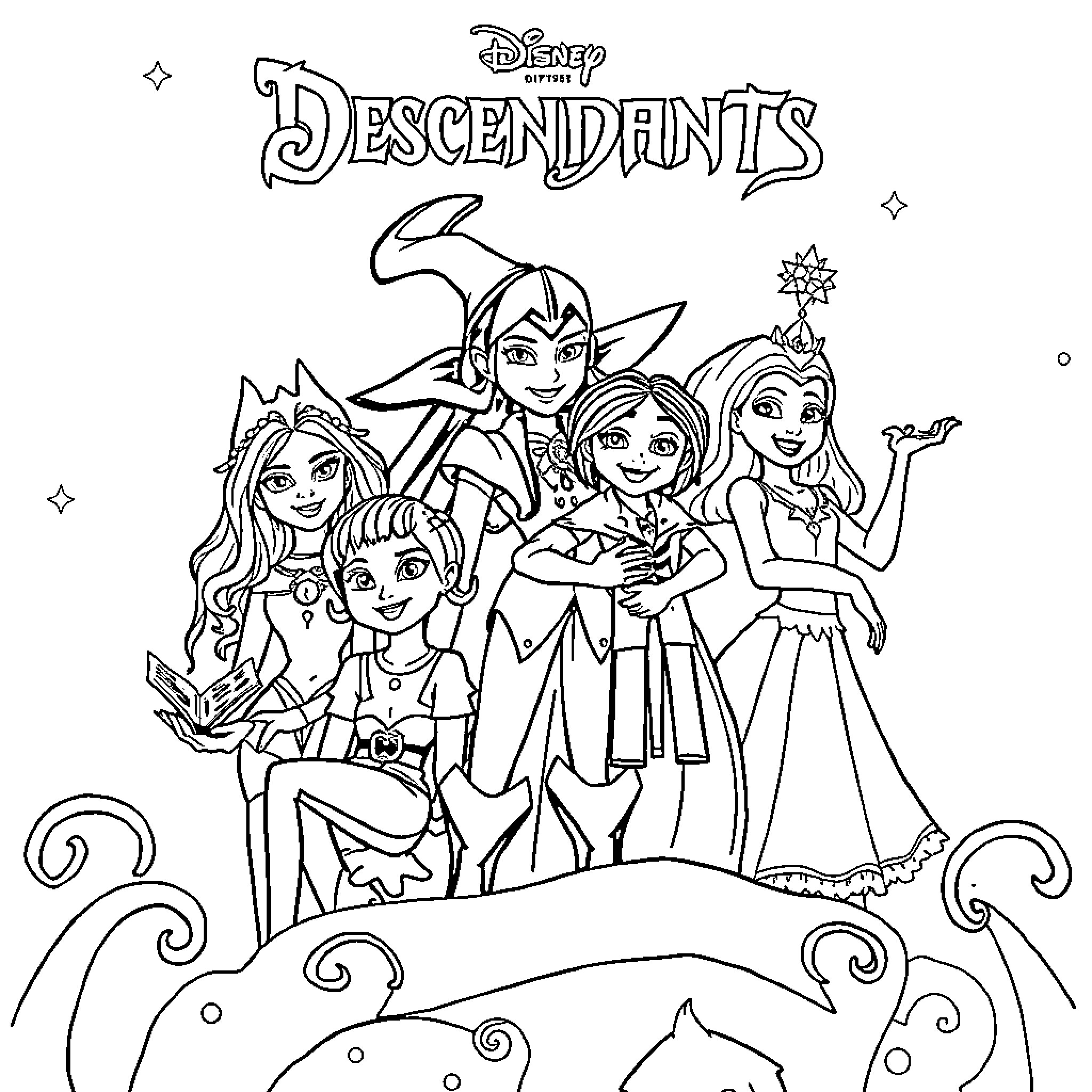 Disney Descendants character group pose with outfits Coloring Page (free black-and-white line drawing printable PDF for all, from beginners to advanced learners, including children, teens, adults, and seniors)