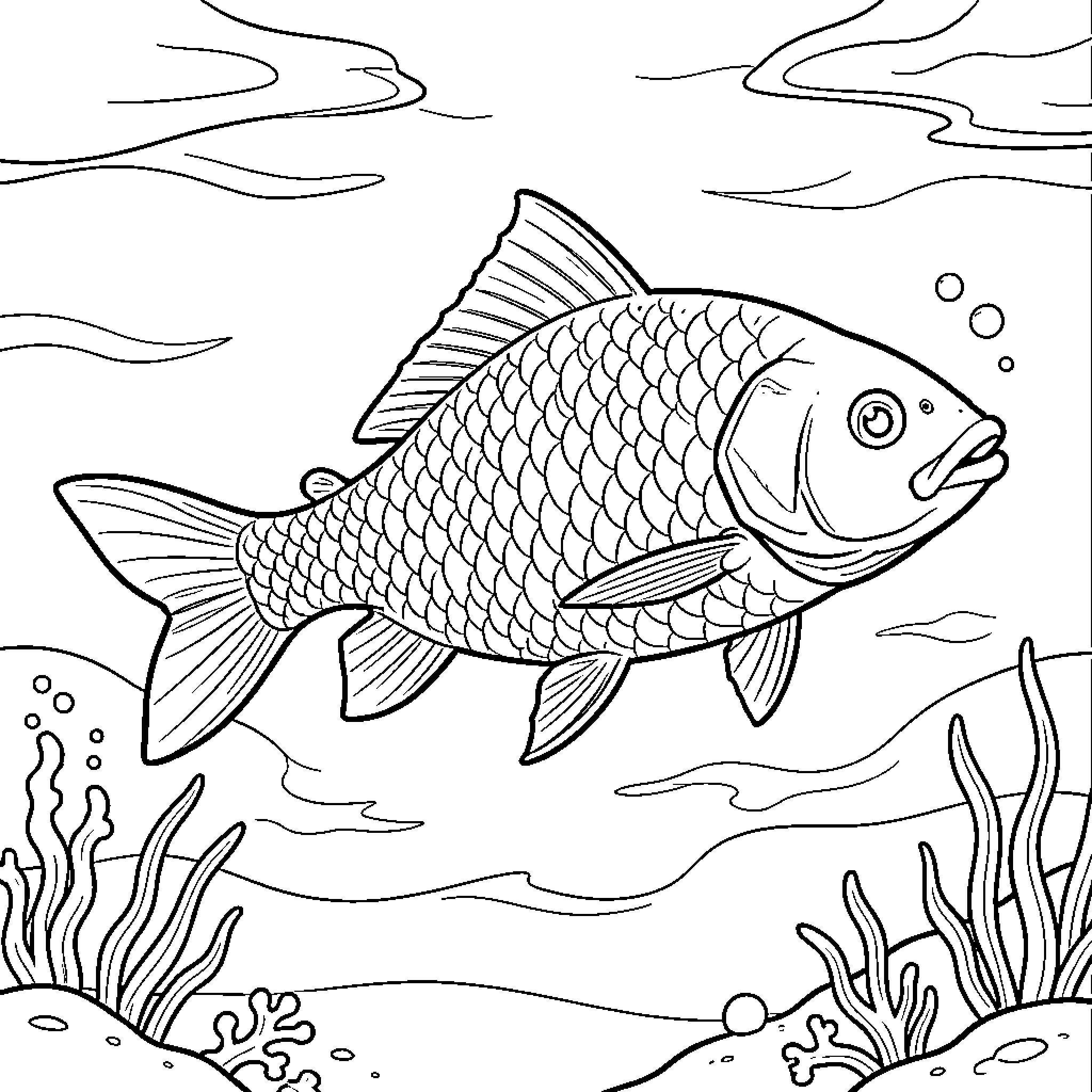 Pisces fish swimming through underwater sea plants Coloring Page (free black-and-white line drawing printable PDF for all, from beginners to advanced learners, including children, teens, adults, and seniors)