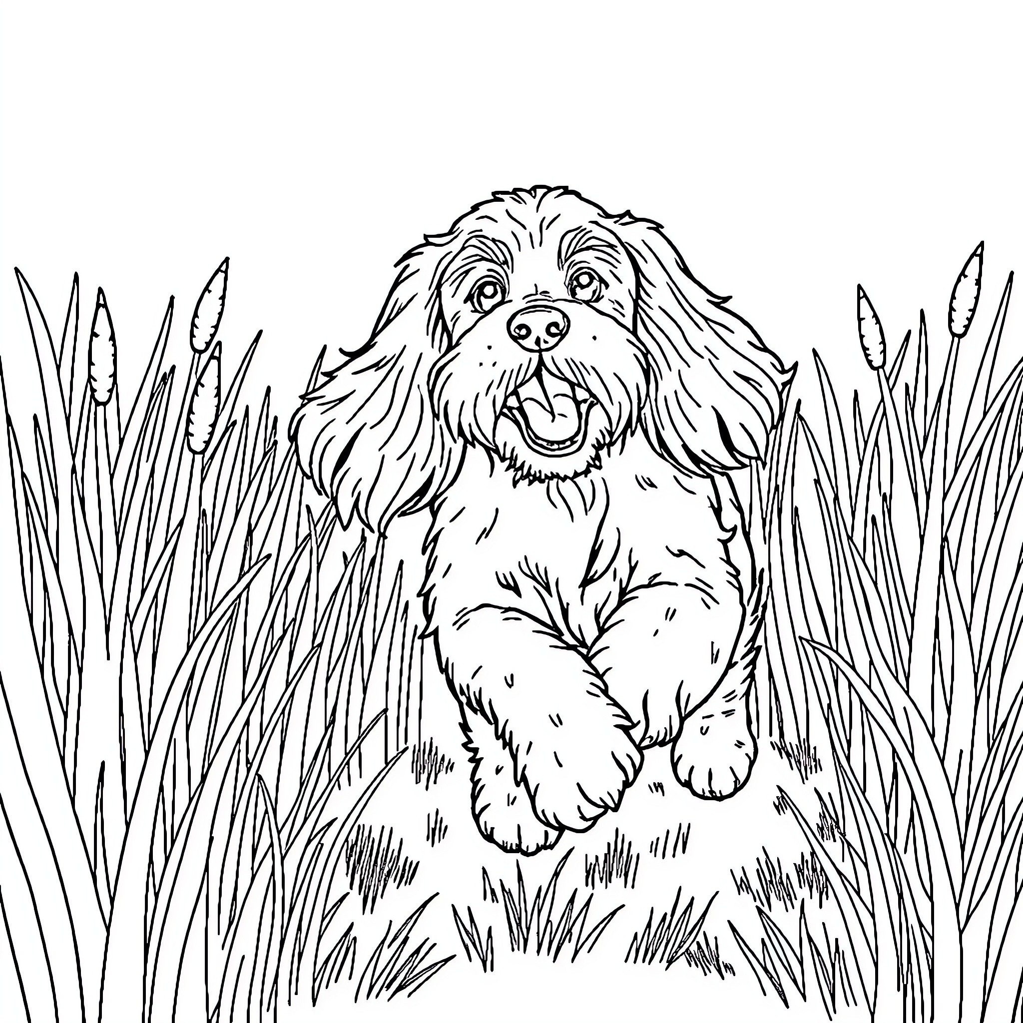 Cocker Spaniel playing happily in the grass Coloring Page (free black-and-white line drawing printable PDF for all, from beginners to advanced learners, including children, teens, adults, and seniors)