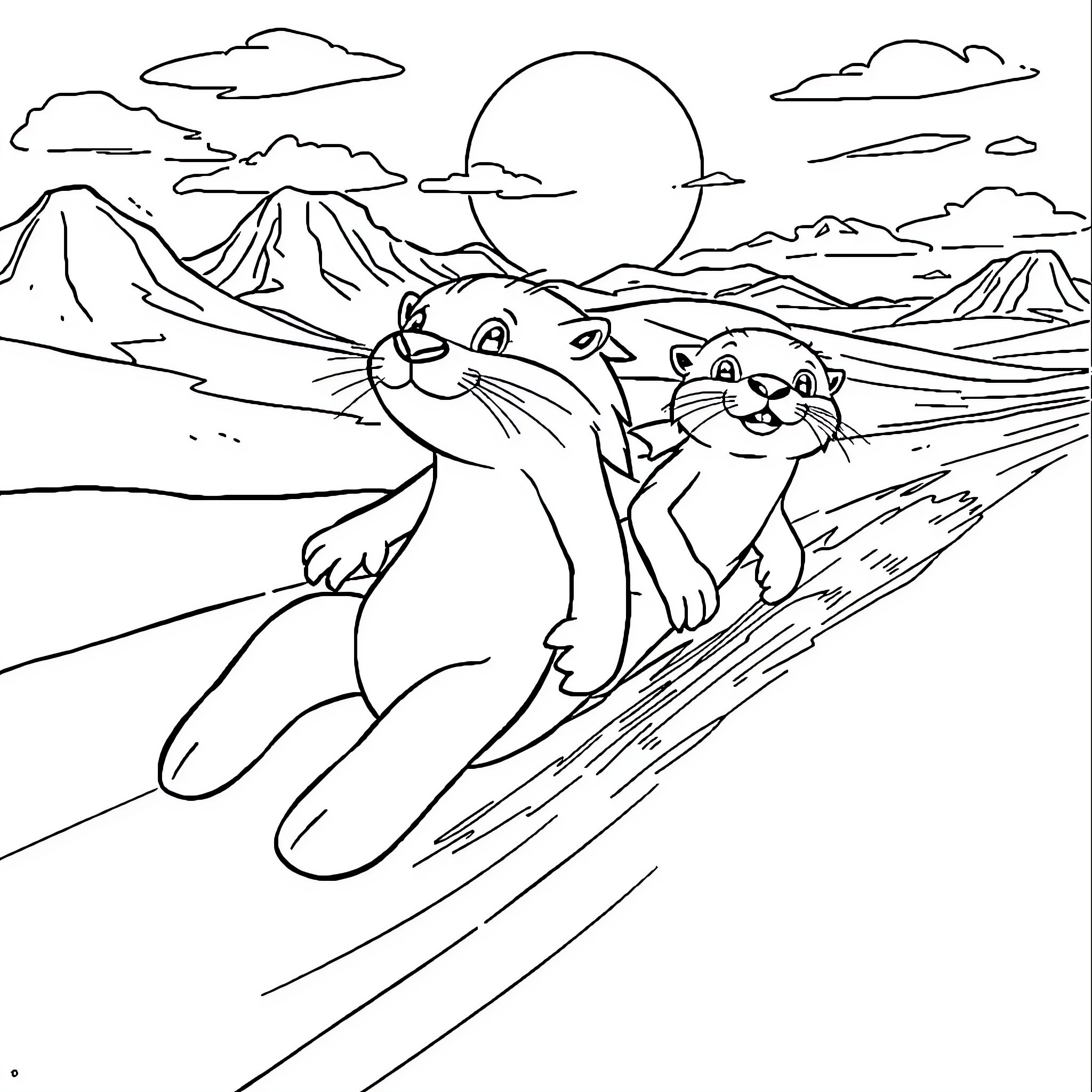 Otter Duo Exploring Mountainous Landscape Coloring Page (free black-and-white line drawing printable PDF for all, from beginners to advanced learners, including children, teens, adults, and seniors)
