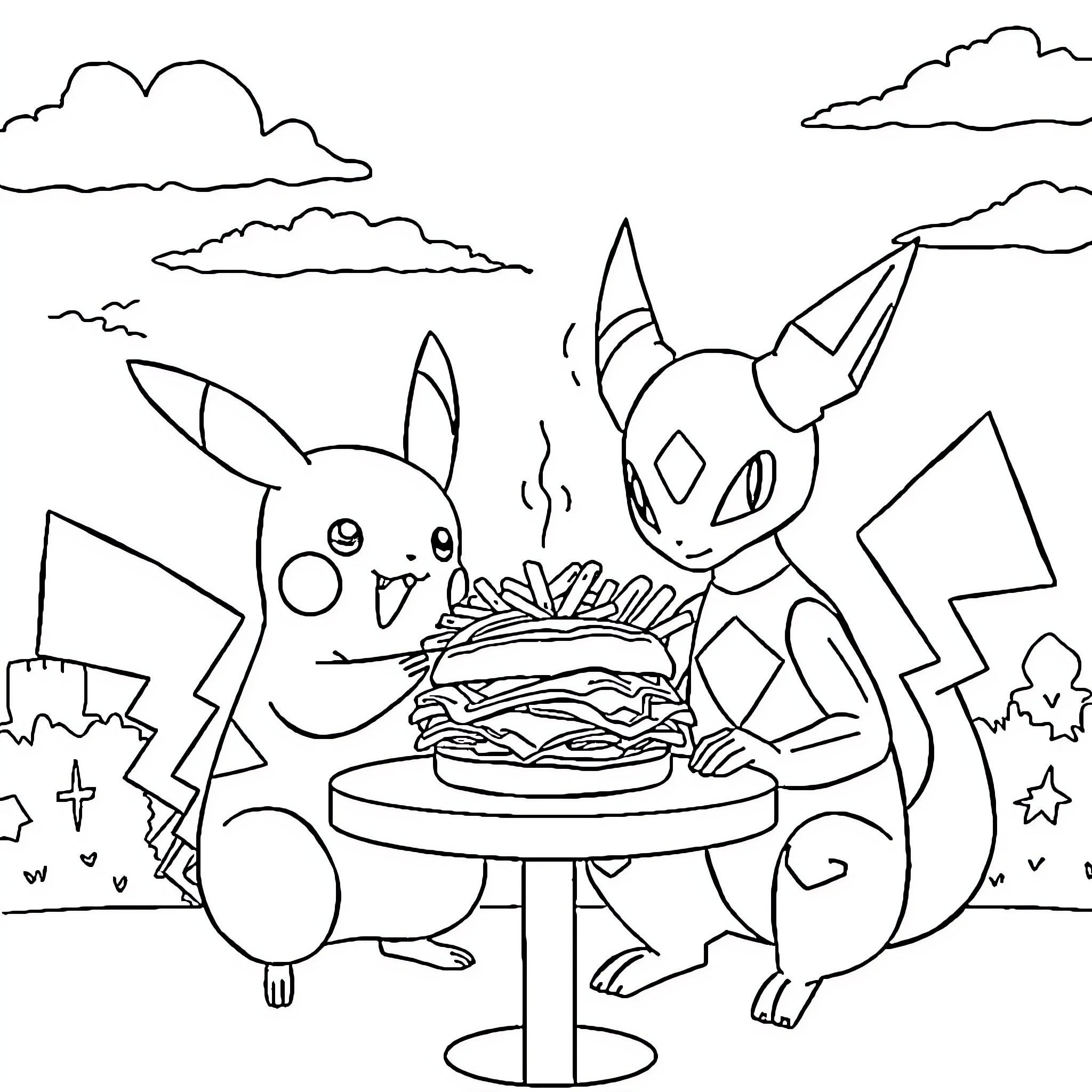 Pikachu and Umbreon enjoying a picnic Coloring Page (free black-and-white line drawing printable PDF for all, from beginners to advanced learners, including children, teens, adults, and seniors)