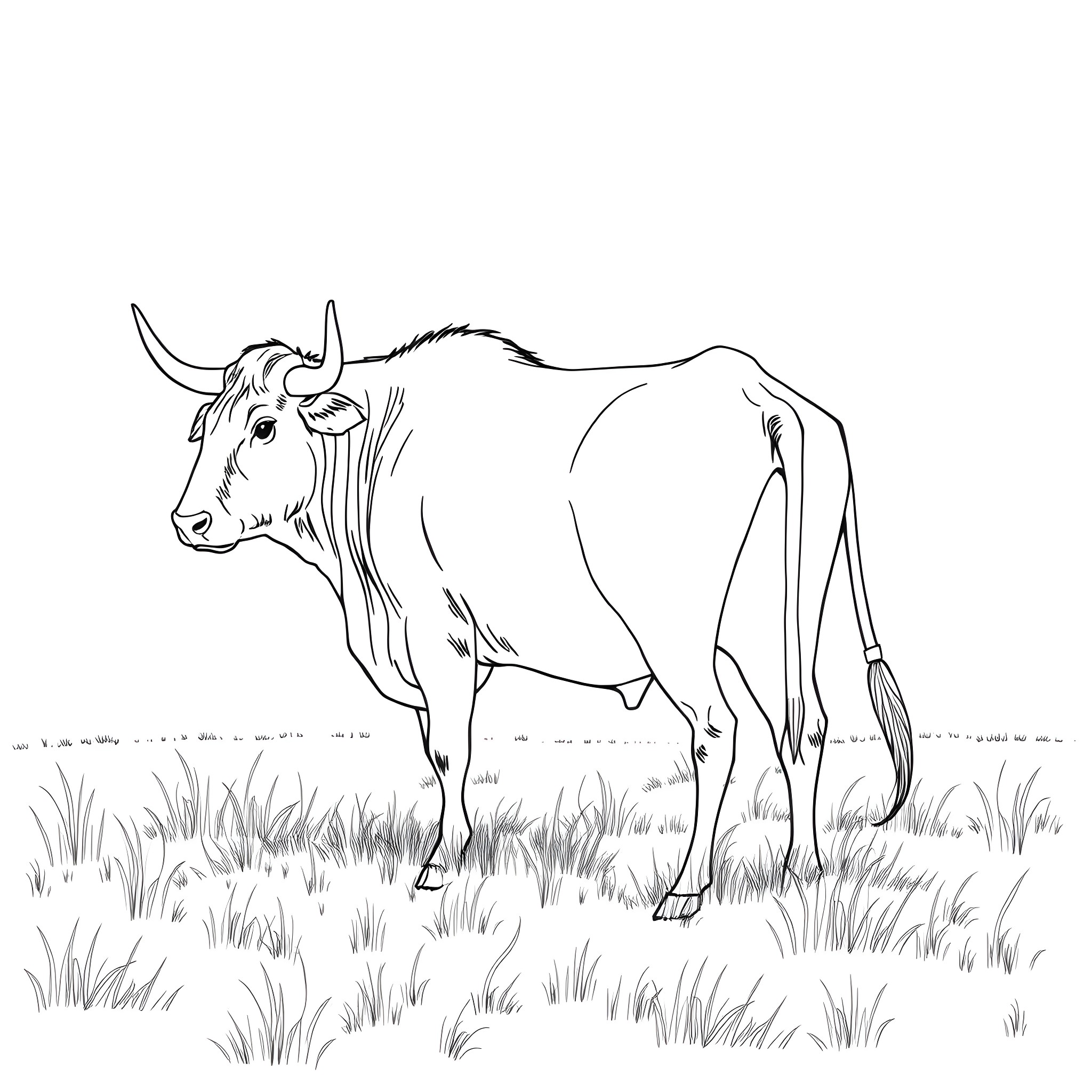 Ox standing in a grassy field Coloring Page (free black-and-white line drawing printable PDF for all, from beginners to advanced learners, including children, teens, adults, and seniors)