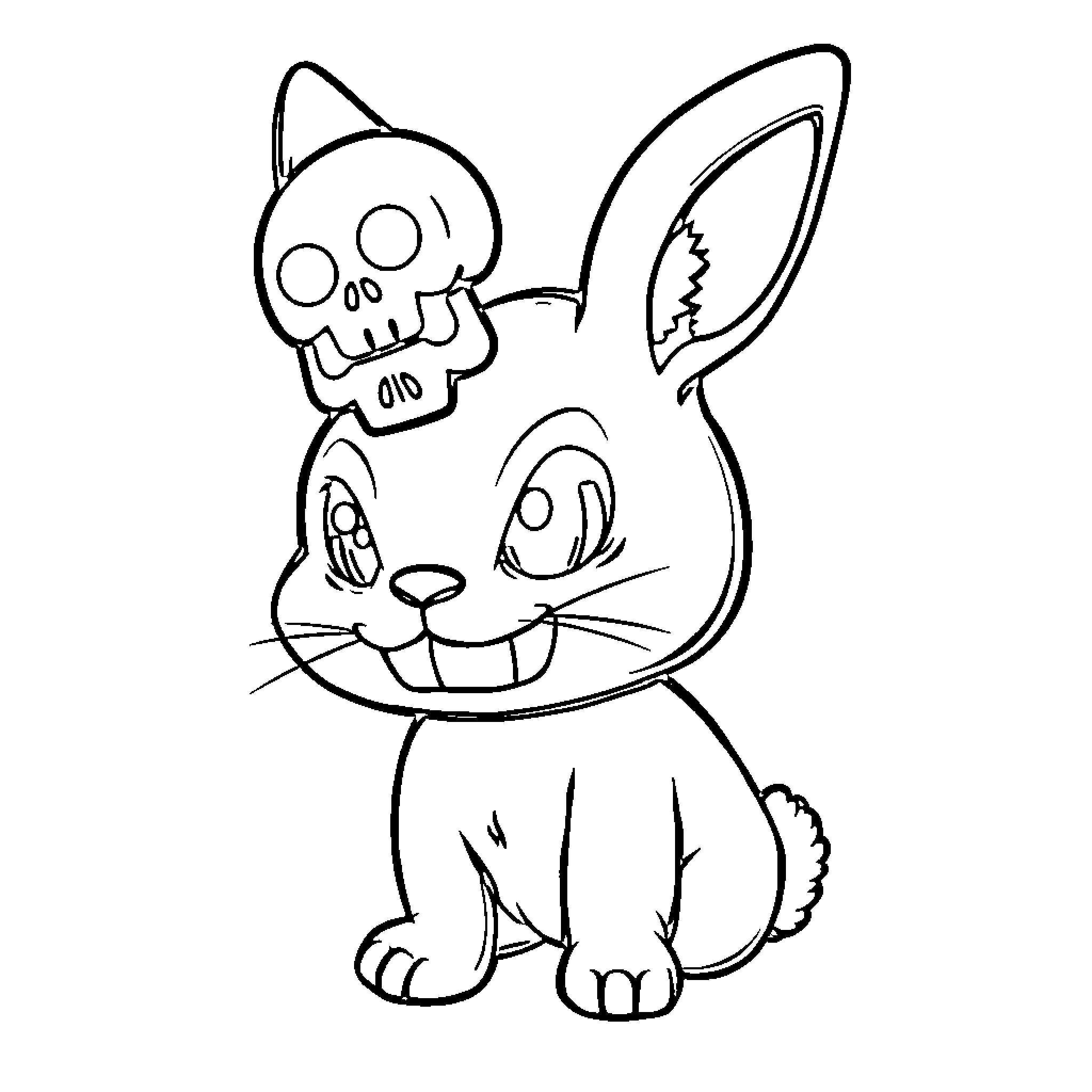 Kuromi bunny with skull accessory and mischievous expression Coloring Page (free black-and-white line drawing printable PDF for all, from beginners to advanced learners, including children, teens, adults, and seniors)