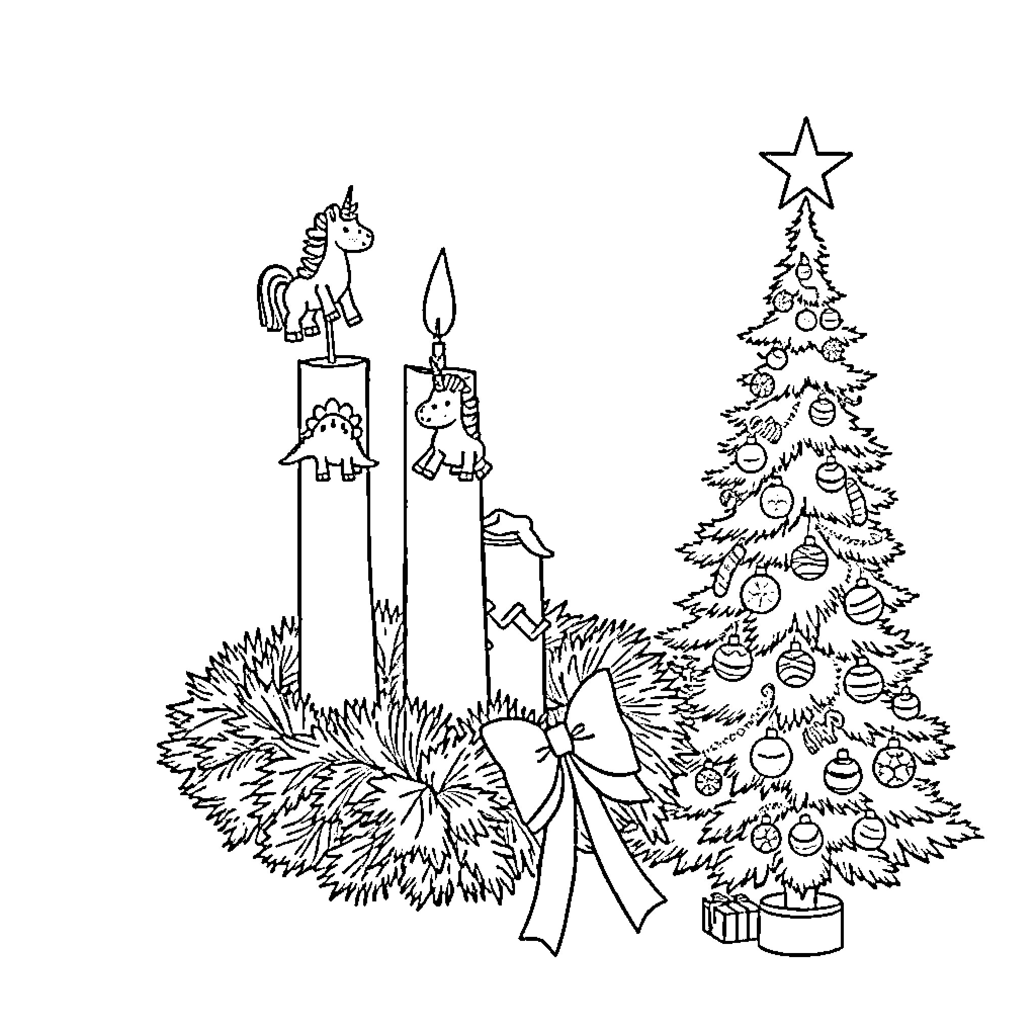 Wreath with Festive Unicorns and Christmas Tree Coloring Page (free black-and-white line drawing printable PDF for all, from beginners to advanced learners, including children, teens, adults, and seniors)