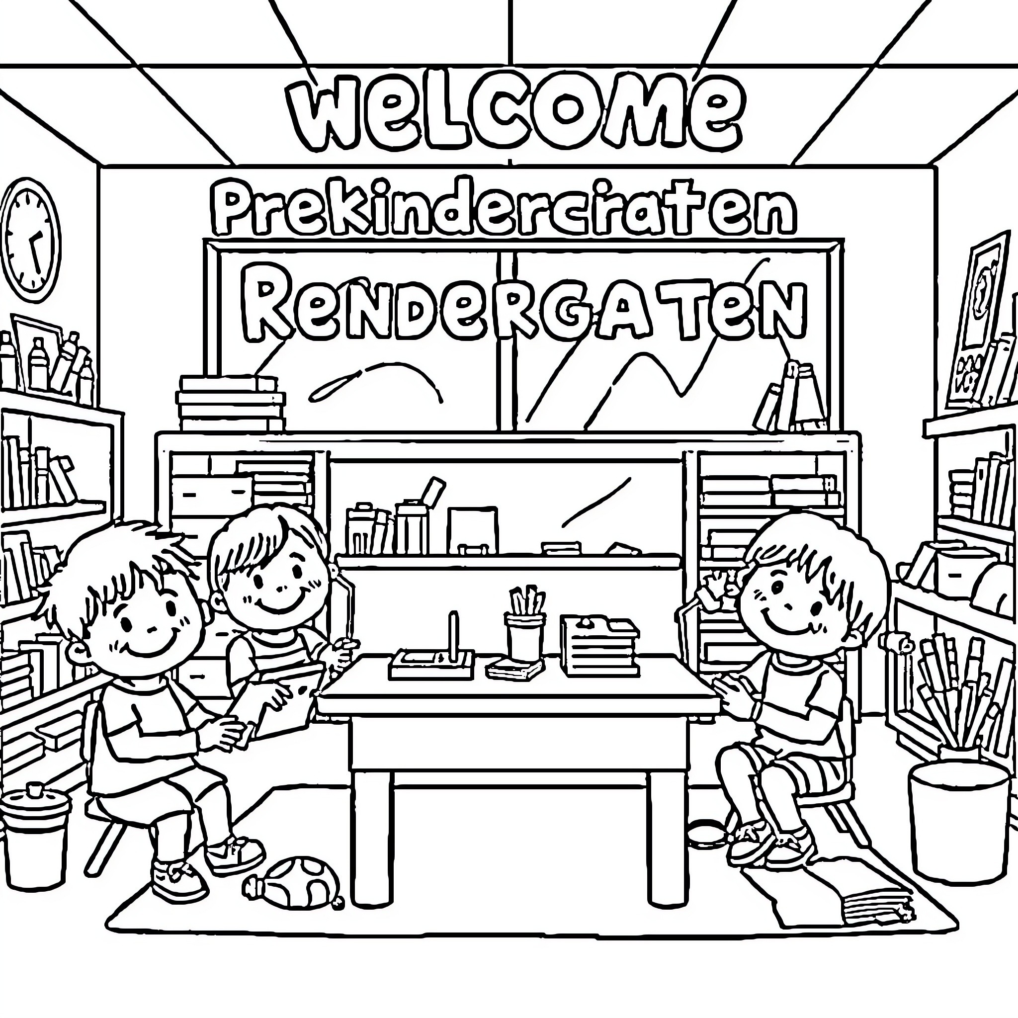 Prekindergarten students engaged in classroom activities Coloring Page (free black-and-white line drawing printable PDF for all, from beginners to advanced learners, including children, teens, adults, and seniors)
