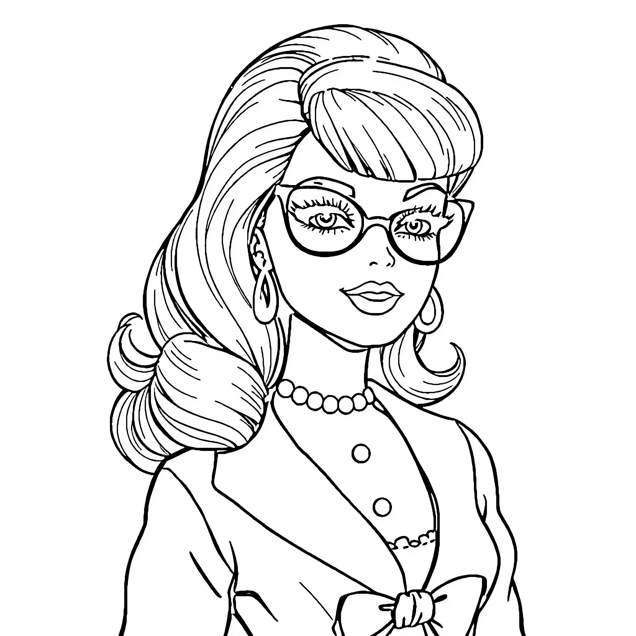 Barbie in stylish attire with eyeglasses Coloring Page (free black-and-white line drawing printable PDF for all, from beginners to advanced learners, including children, teens, adults, and seniors)