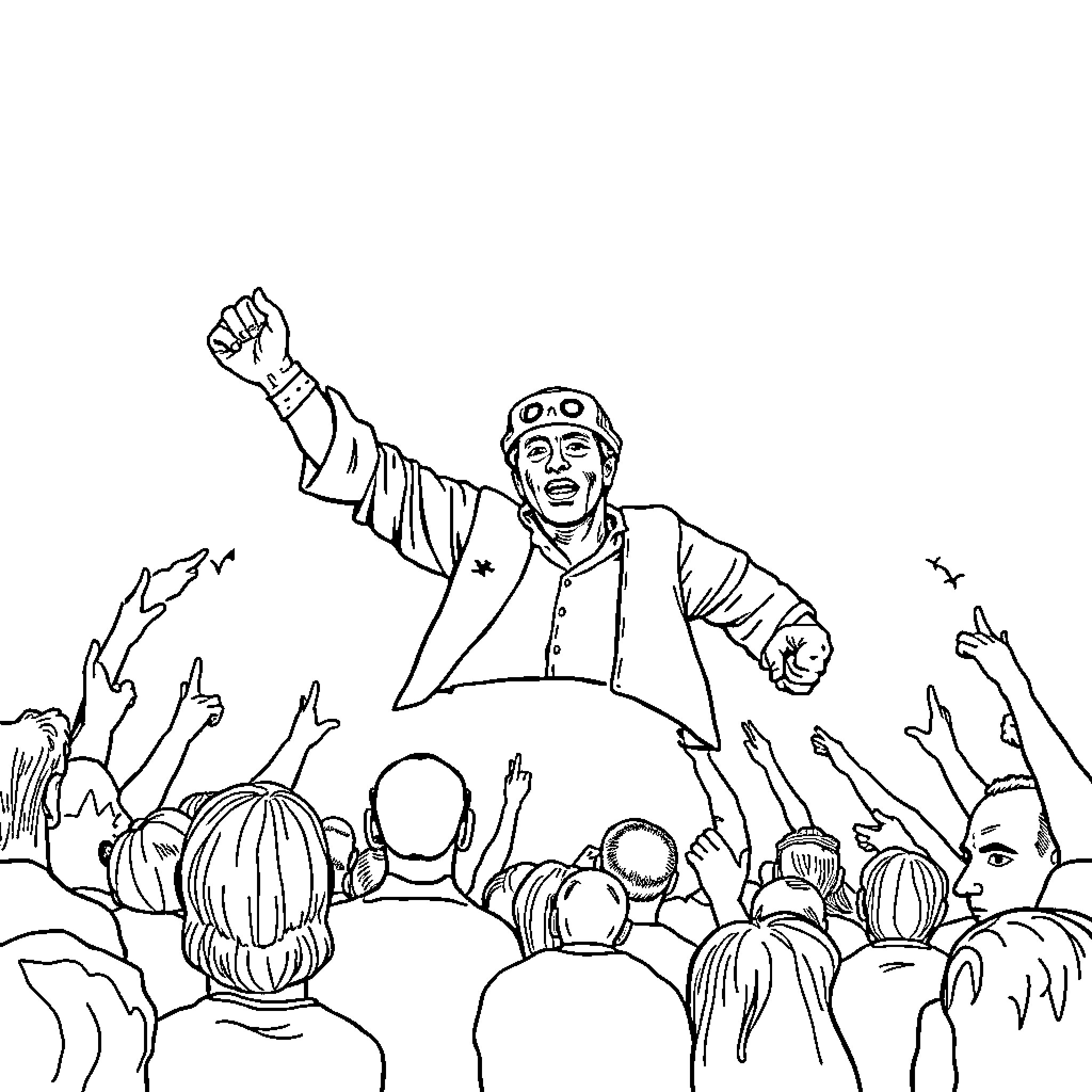 System Leader Addressing Enthusiastic Crowd Coloring Page (free black-and-white line drawing printable PDF for all, from beginners to advanced learners, including children, teens, adults, and seniors)