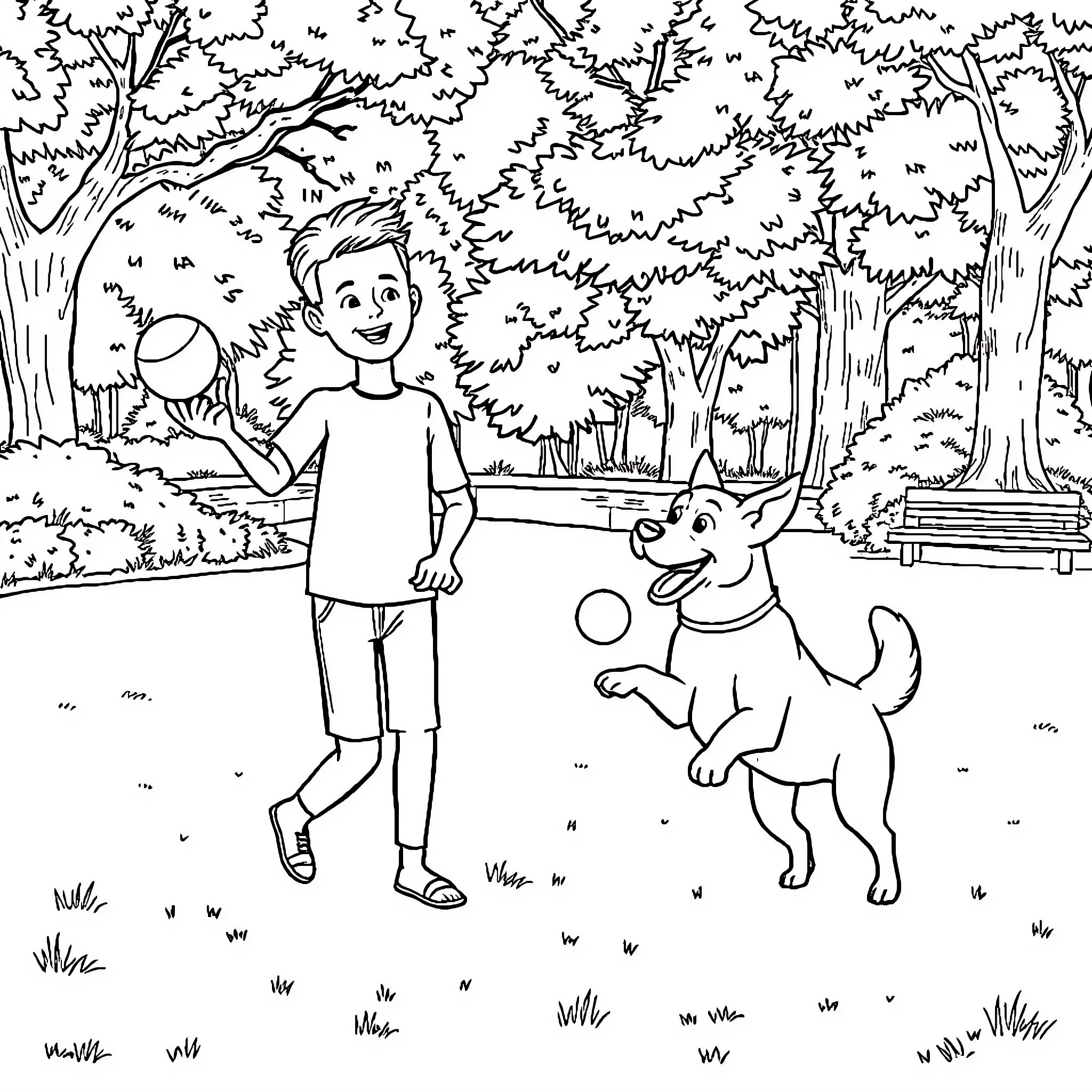 Casper Ruud playing with his dog in the park Coloring Page (free black-and-white line drawing printable PDF for all, from beginners to advanced learners, including children, teens, adults, and seniors)