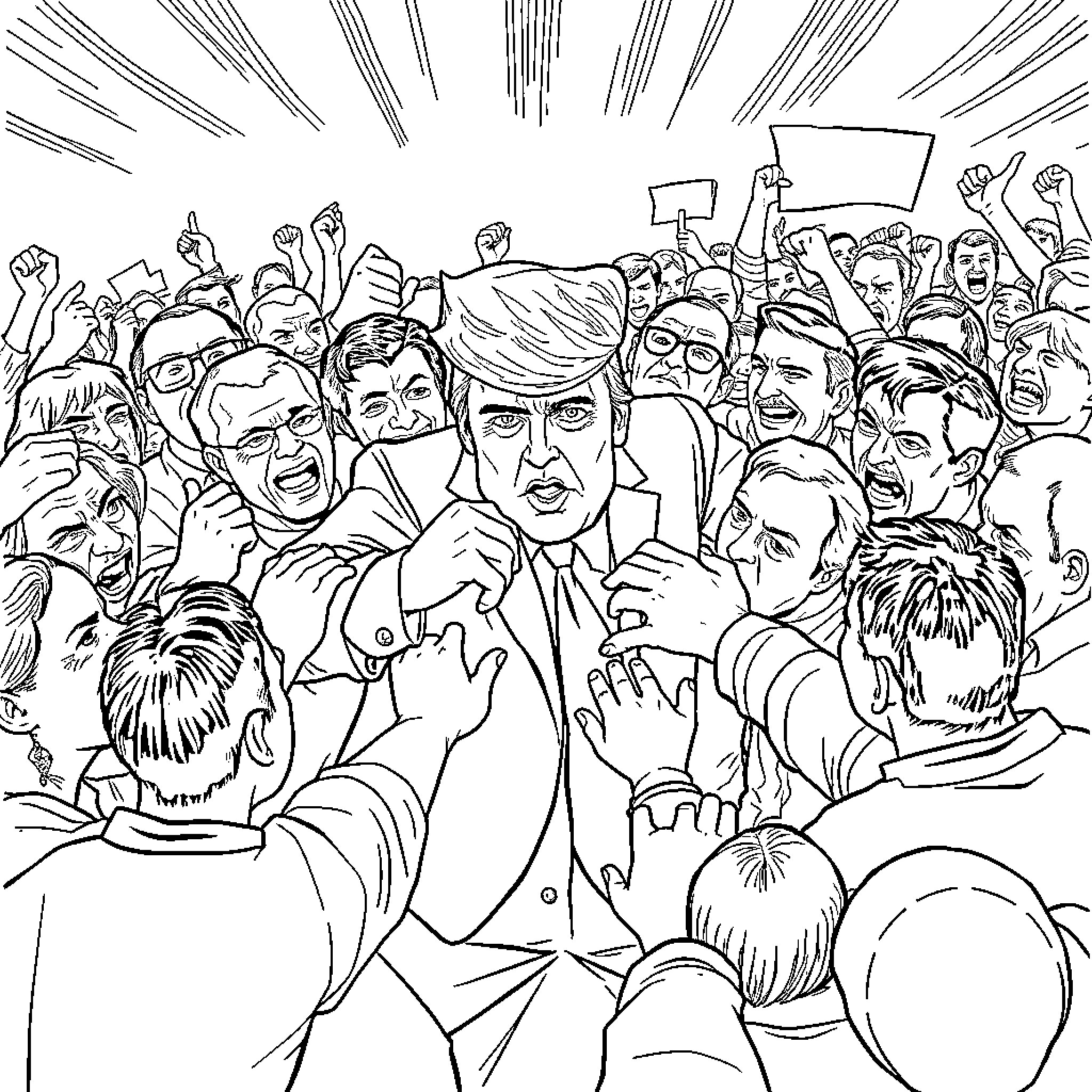 Trump Leading Passionate Crowd at Political Rally Coloring Page (free black-and-white line drawing printable PDF for all, from beginners to advanced learners, including children, teens, adults, and seniors)