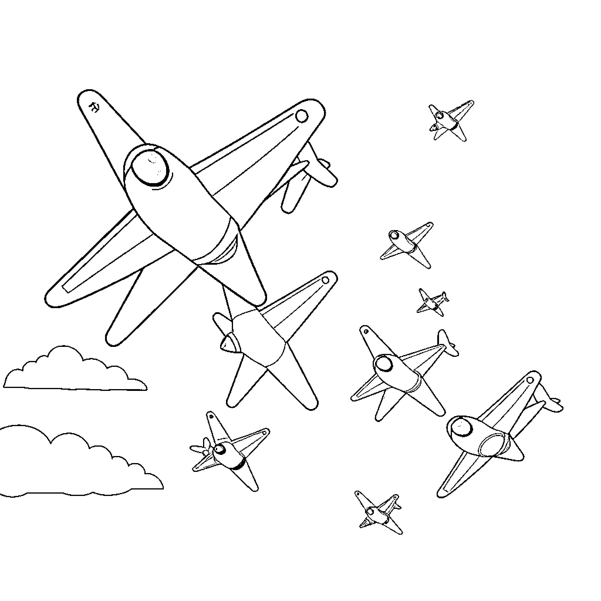 Airplanes soaring through the sky Coloring Page (free black-and-white line drawing printable PDF for all, from beginners to advanced learners, including children, teens, adults, and seniors)