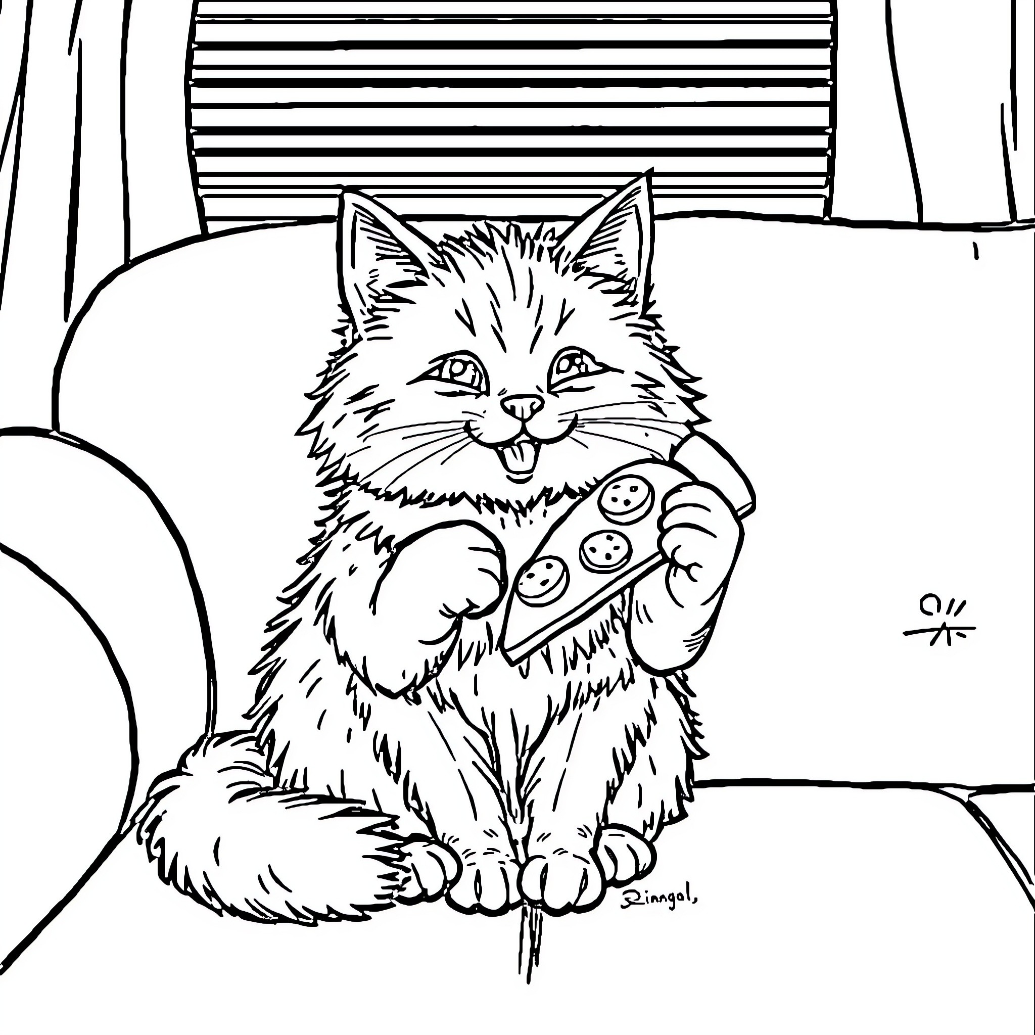 Cat playing with video game controller Coloring Page (free black-and-white line drawing printable PDF for all, from beginners to advanced learners, including children, teens, adults, and seniors)