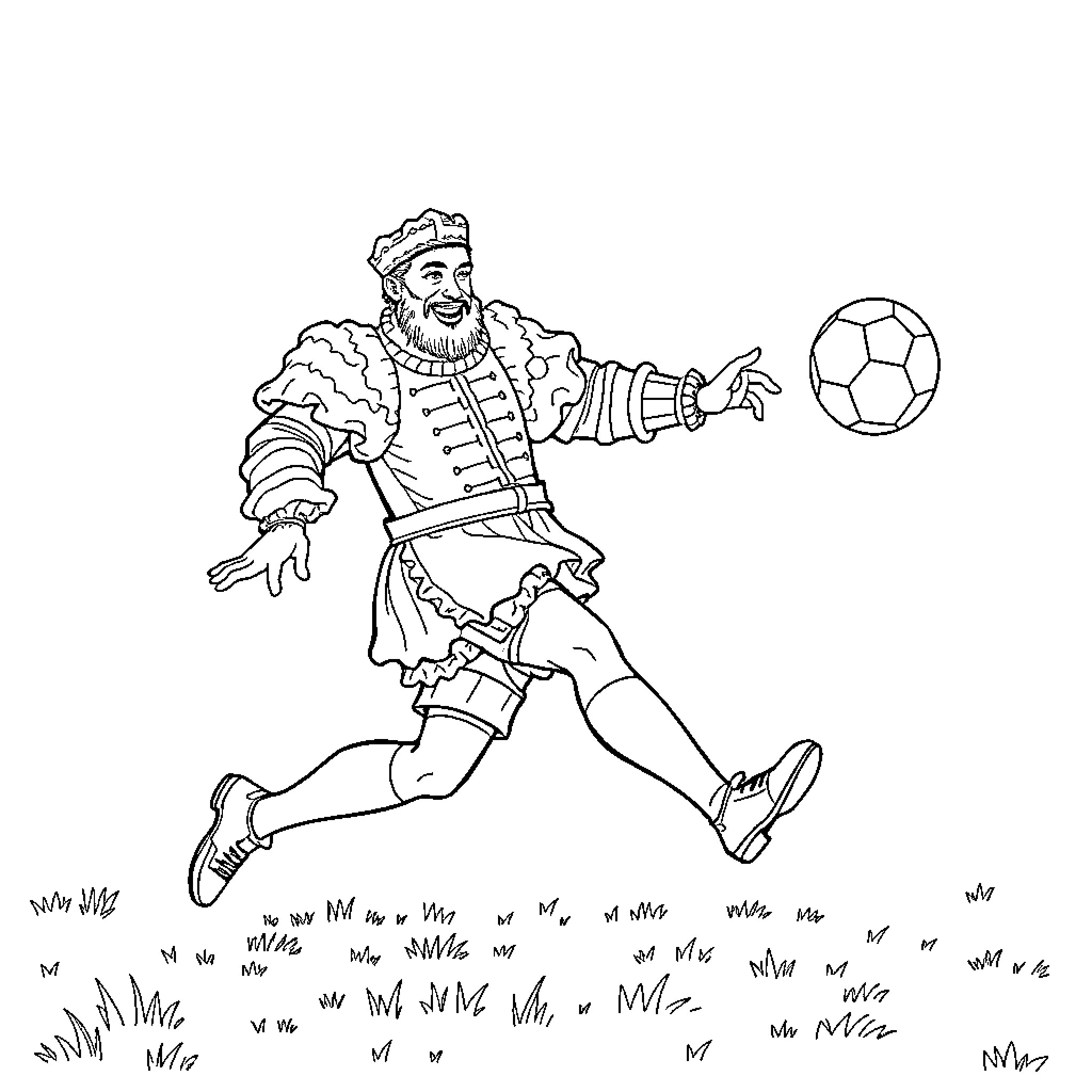 Henry VIII playing soccer in regal attire Coloring Page (free black-and-white line drawing printable PDF for all, from beginners to advanced learners, including children, teens, adults, and seniors)