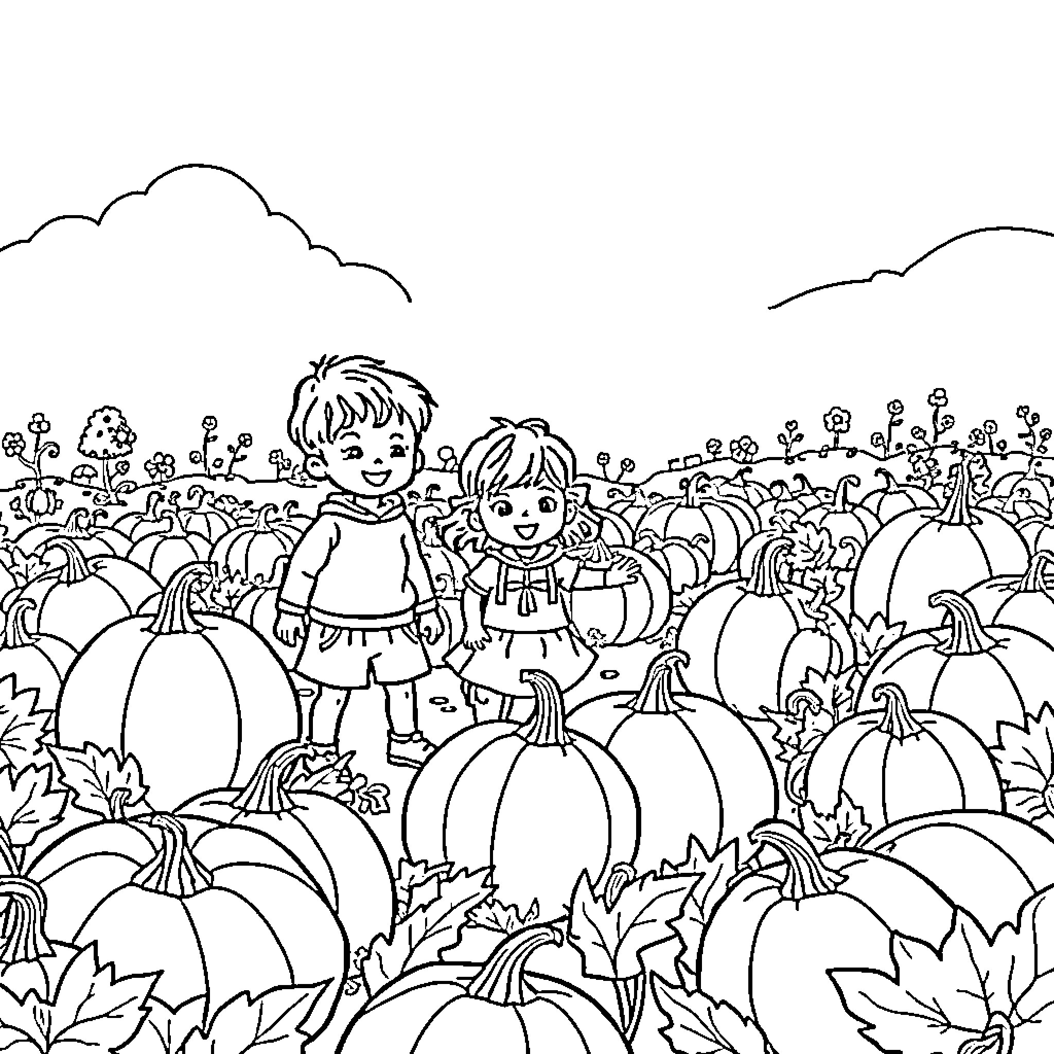 Kid's Joyful Autumn Adventure in Pumpkin Patch Coloring Page (free black-and-white line drawing printable PDF for all, from beginners to advanced learners, including children, teens, adults, and seniors)