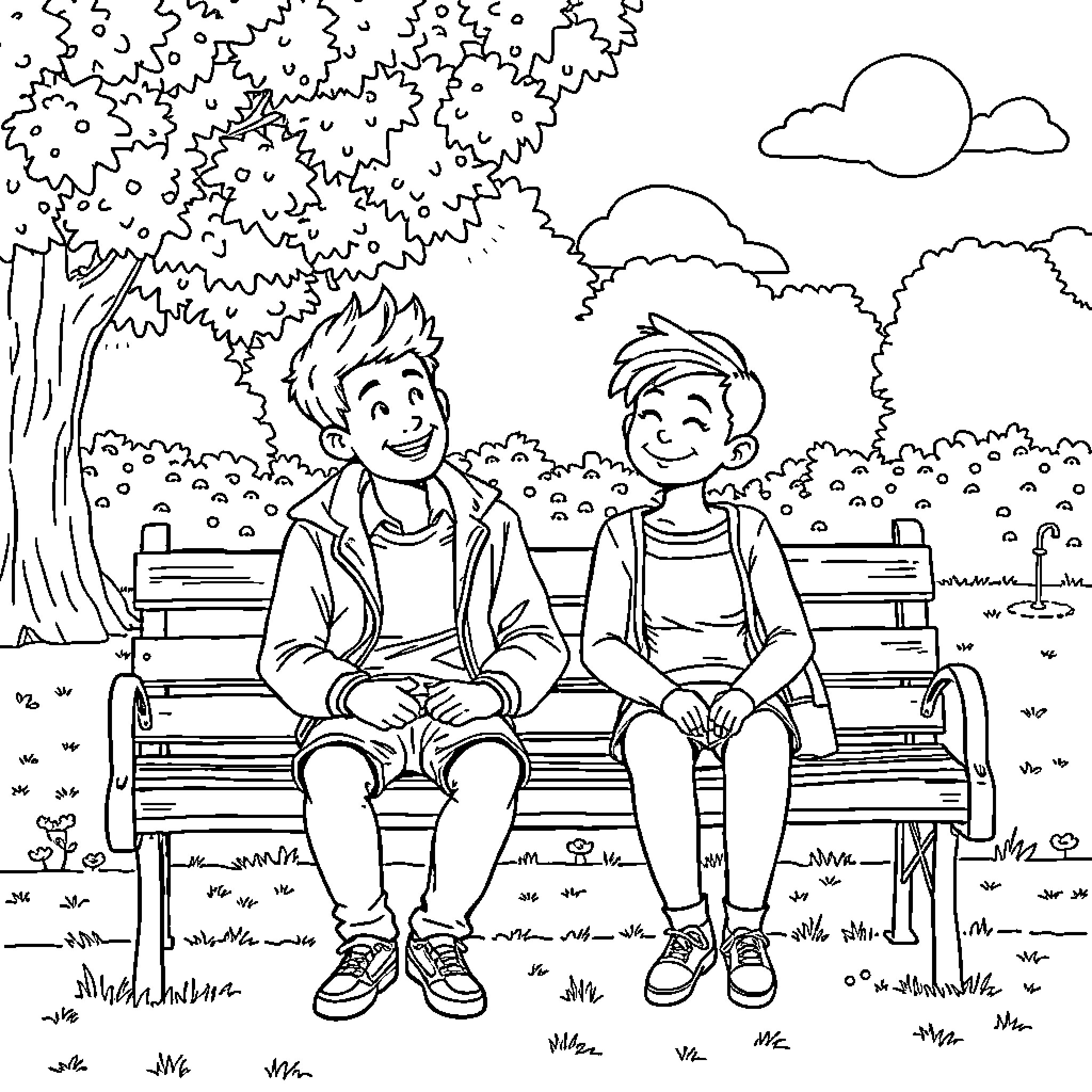 Nick and Charlie enjoying a day in the park Coloring Page (free black-and-white line drawing printable PDF for all, from beginners to advanced learners, including children, teens, adults, and seniors)