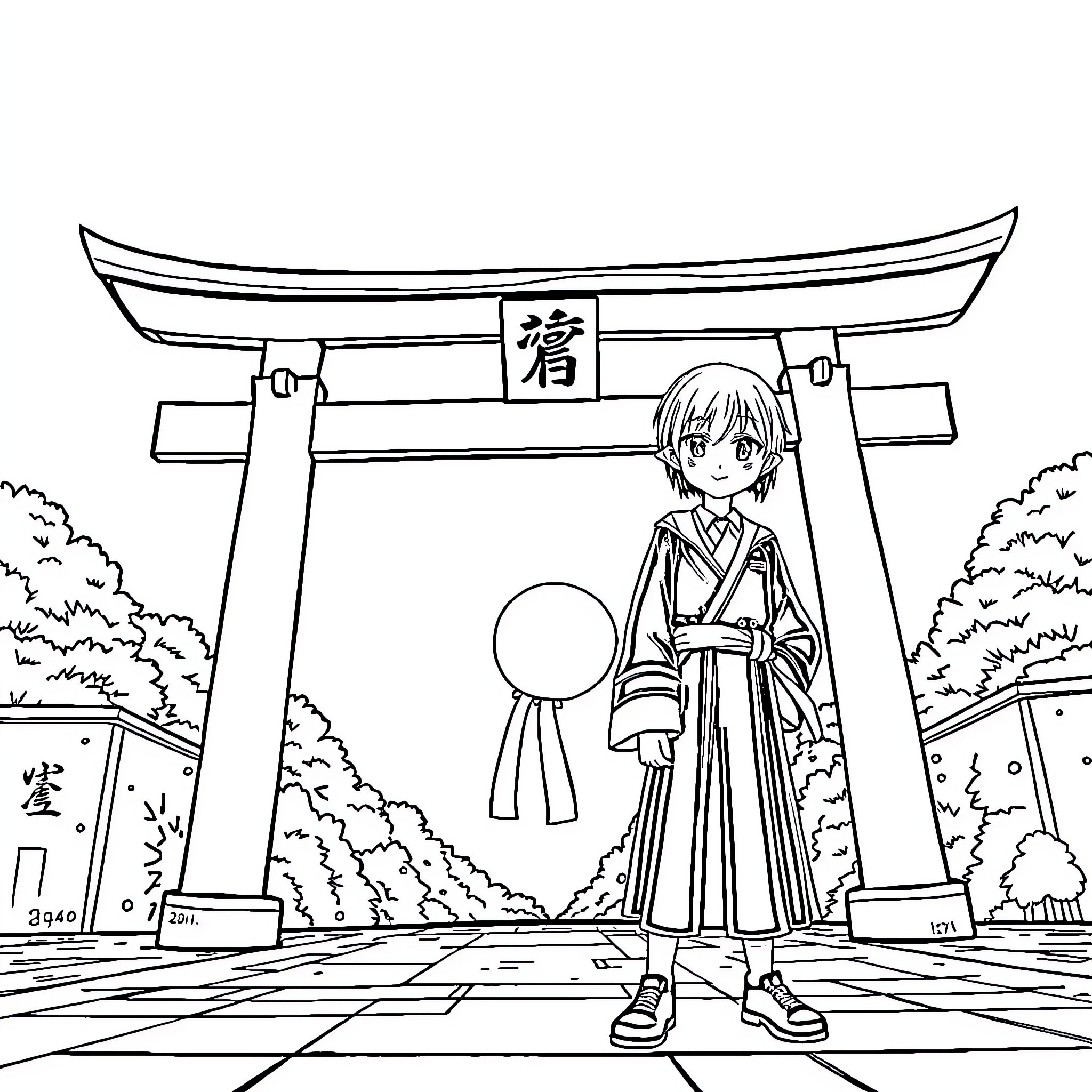 Mykey's Shrine Visit in Traditional Attire Coloring Page (free black-and-white line drawing printable PDF for all, from beginners to advanced learners, including children, teens, adults, and seniors)