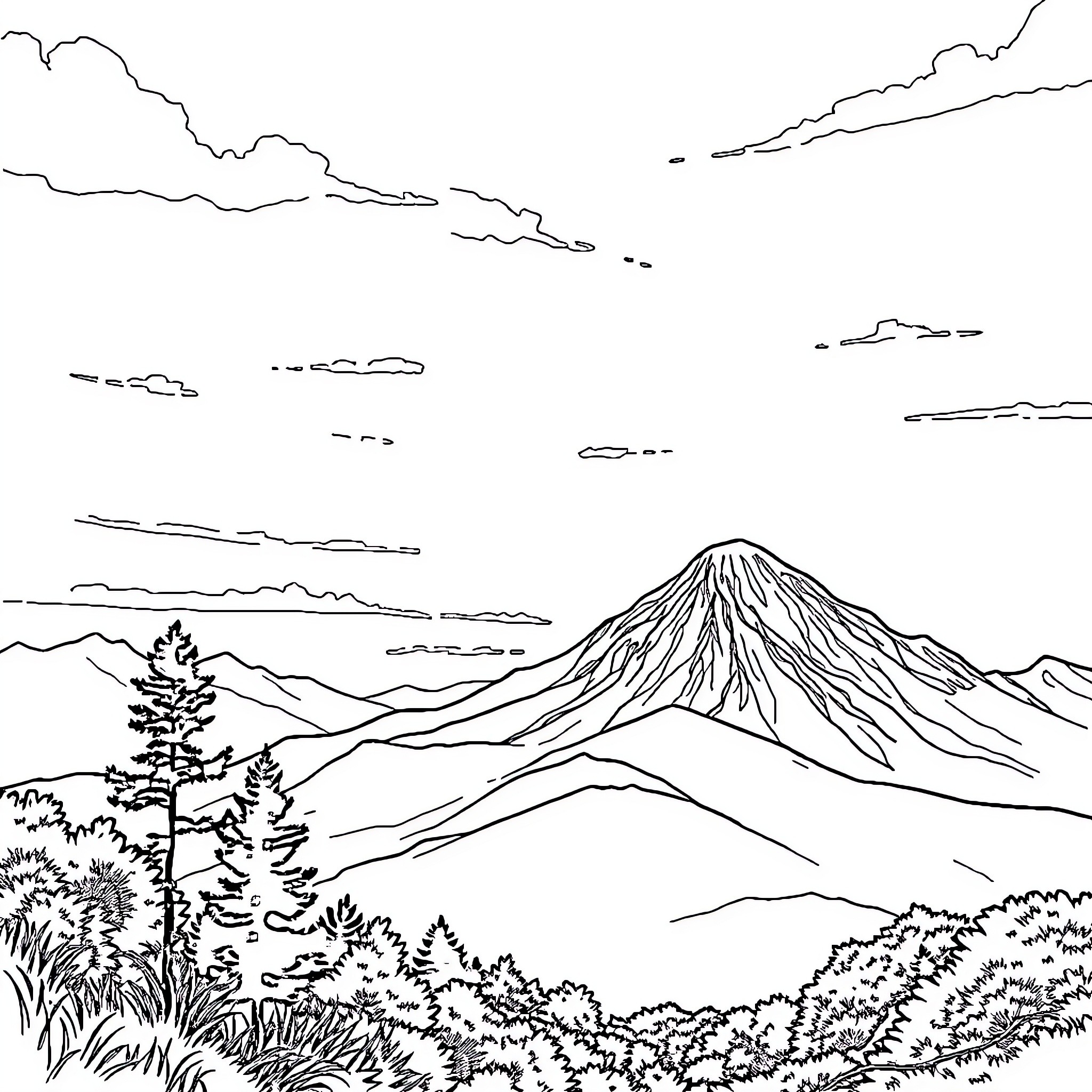 Pemandangan of a majestic mountain landscape Coloring Page (free black-and-white line drawing printable PDF for all, from beginners to advanced learners, including children, teens, adults, and seniors)