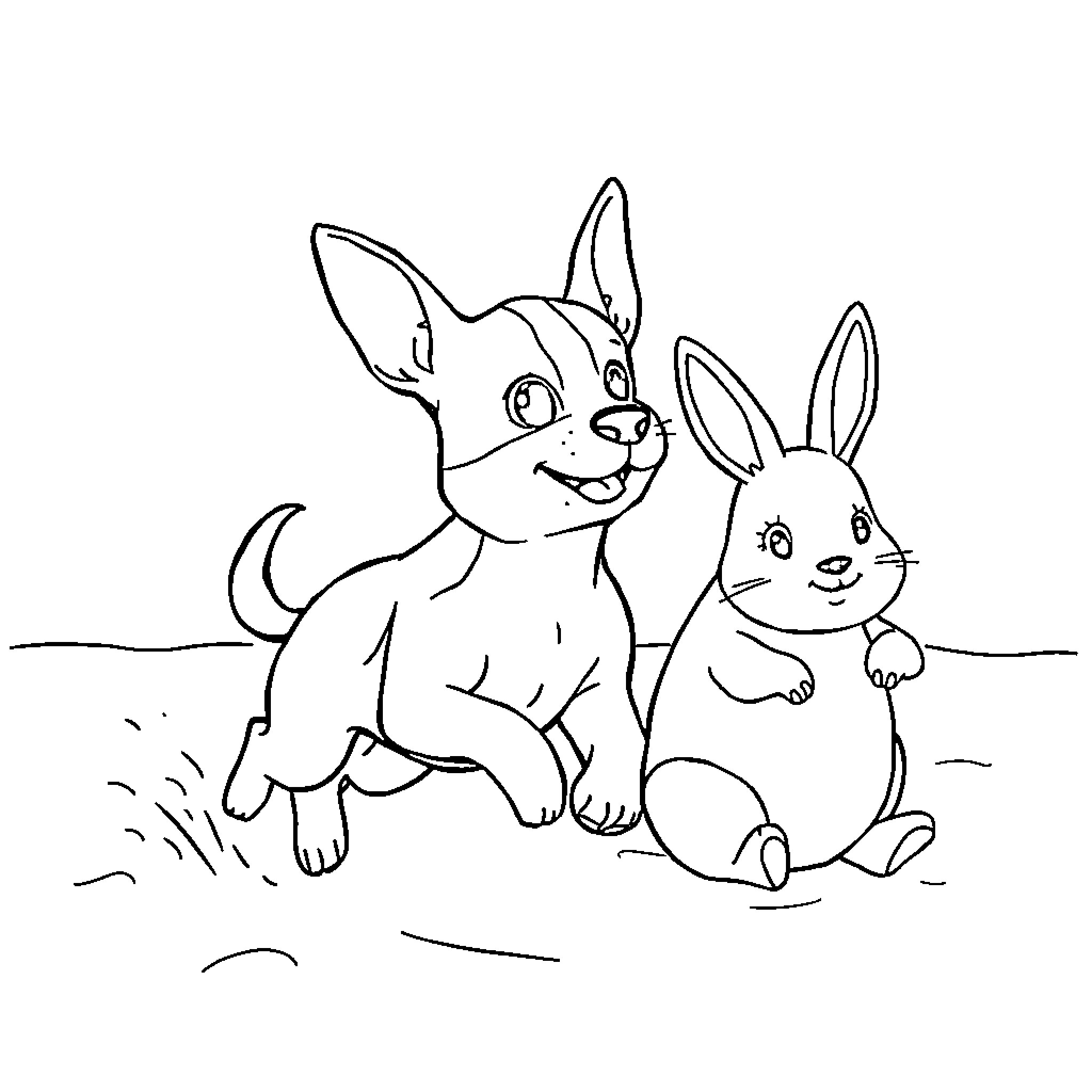 Perrito and Bunny Playing Happily Together Coloring Page (free black-and-white line drawing printable PDF for all, from beginners to advanced learners, including children, teens, adults, and seniors)