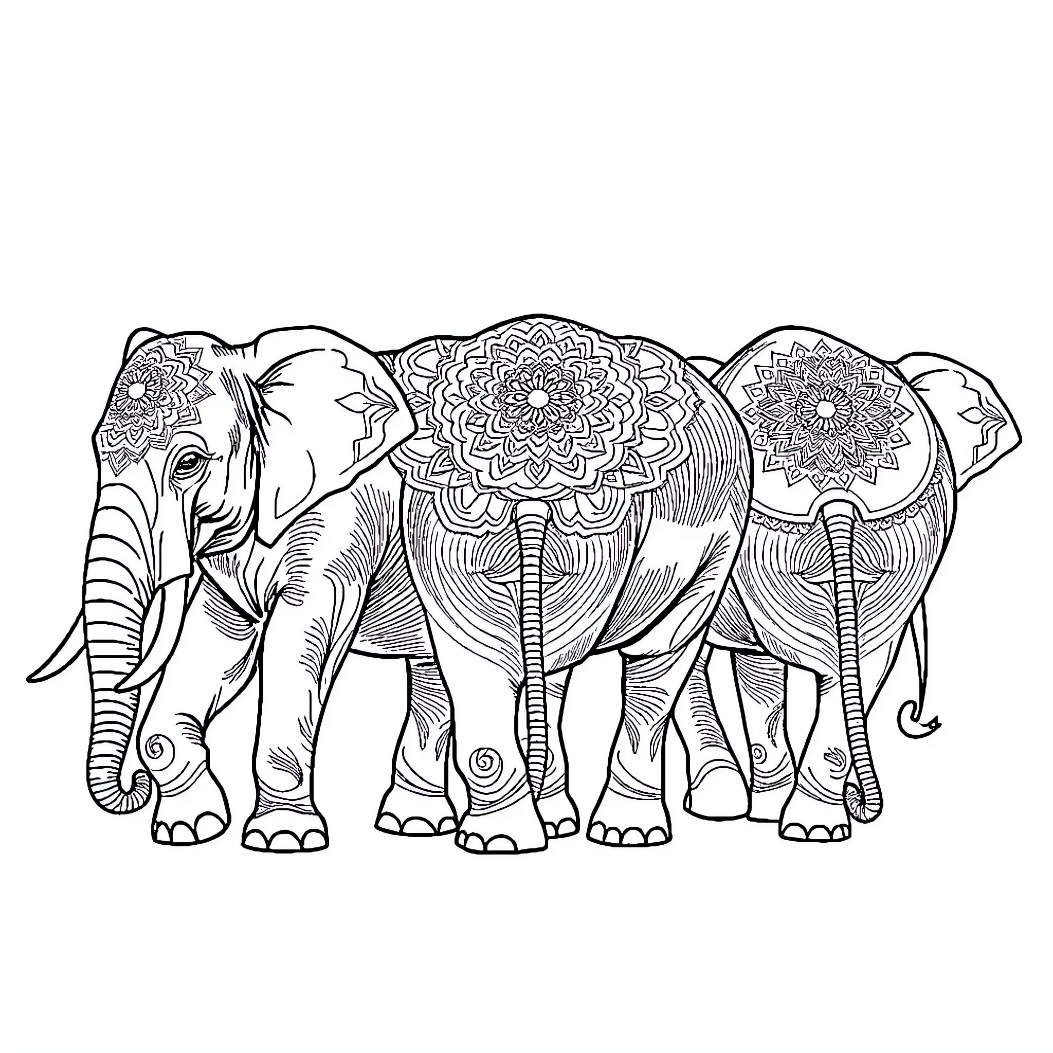 Elephant Herd with Intricate Mandala Patterns Coloring Page (free black-and-white line drawing printable PDF for all, from beginners to advanced learners, including children, teens, adults, and seniors)