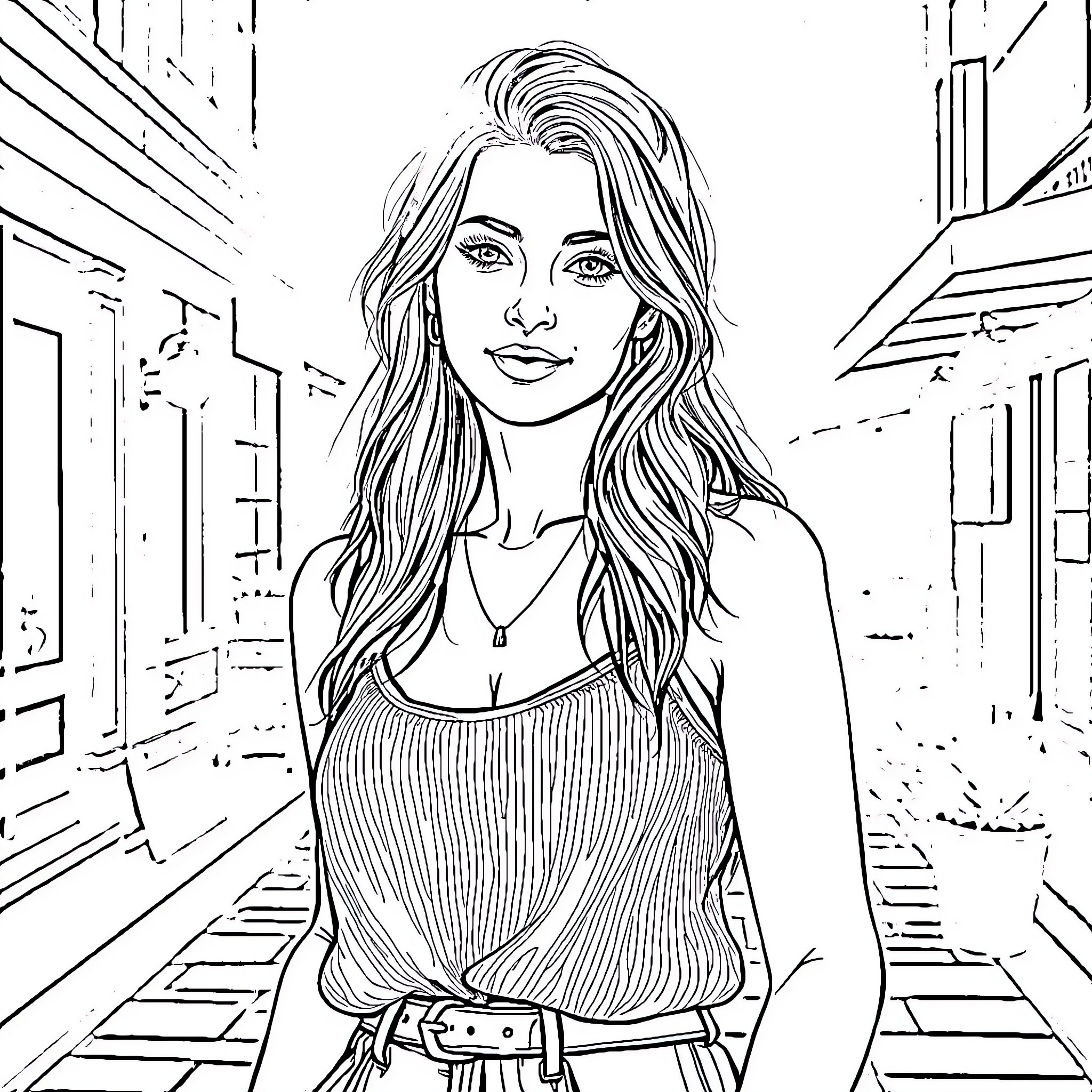 Woman standing confidently in city alley Coloring Page (free black-and-white line drawing printable PDF for all, from beginners to advanced learners, including children, teens, adults, and seniors)