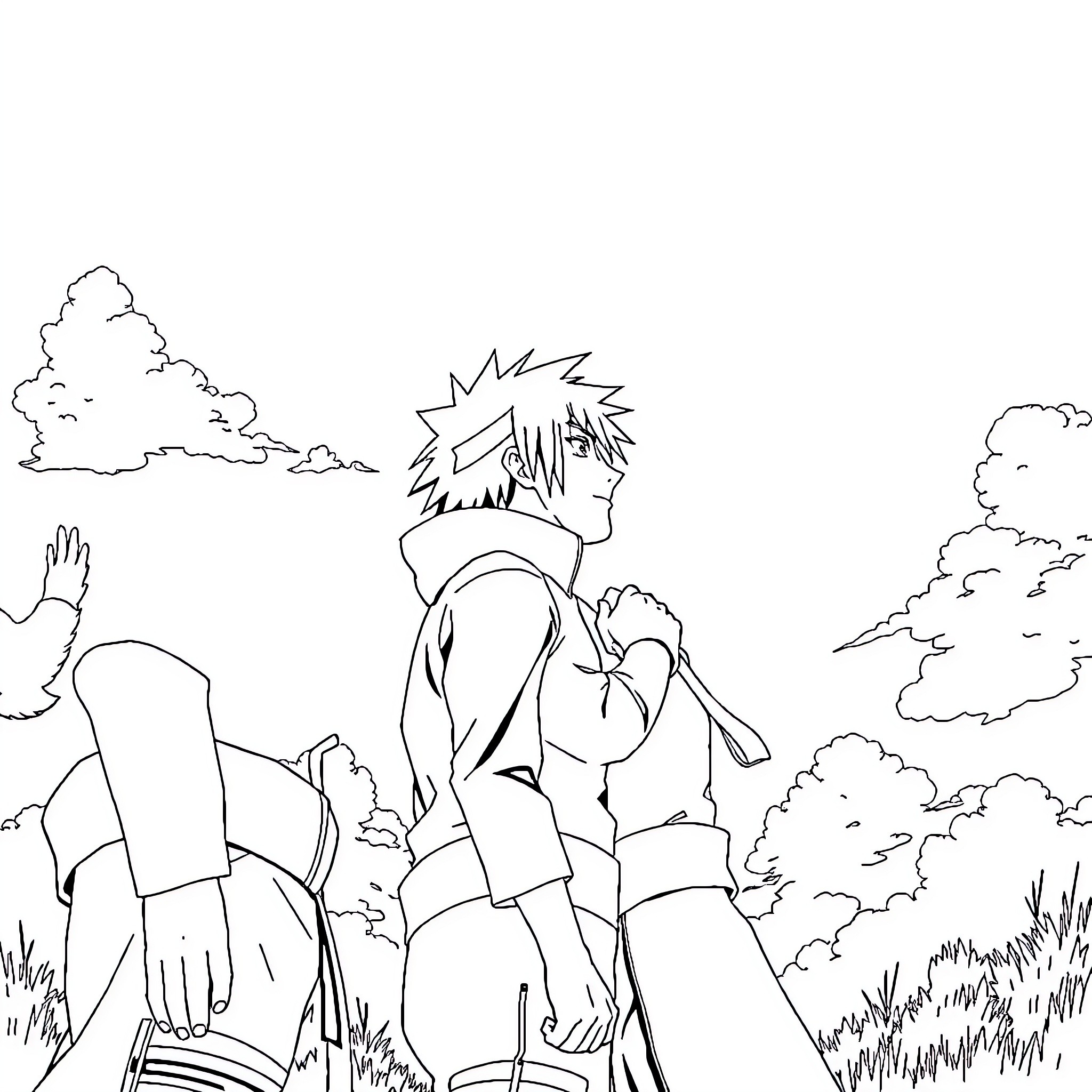 Naruto on a mission in the wilderness Coloring Page (free black-and-white line drawing printable PDF for all, from beginners to advanced learners, including children, teens, adults, and seniors)