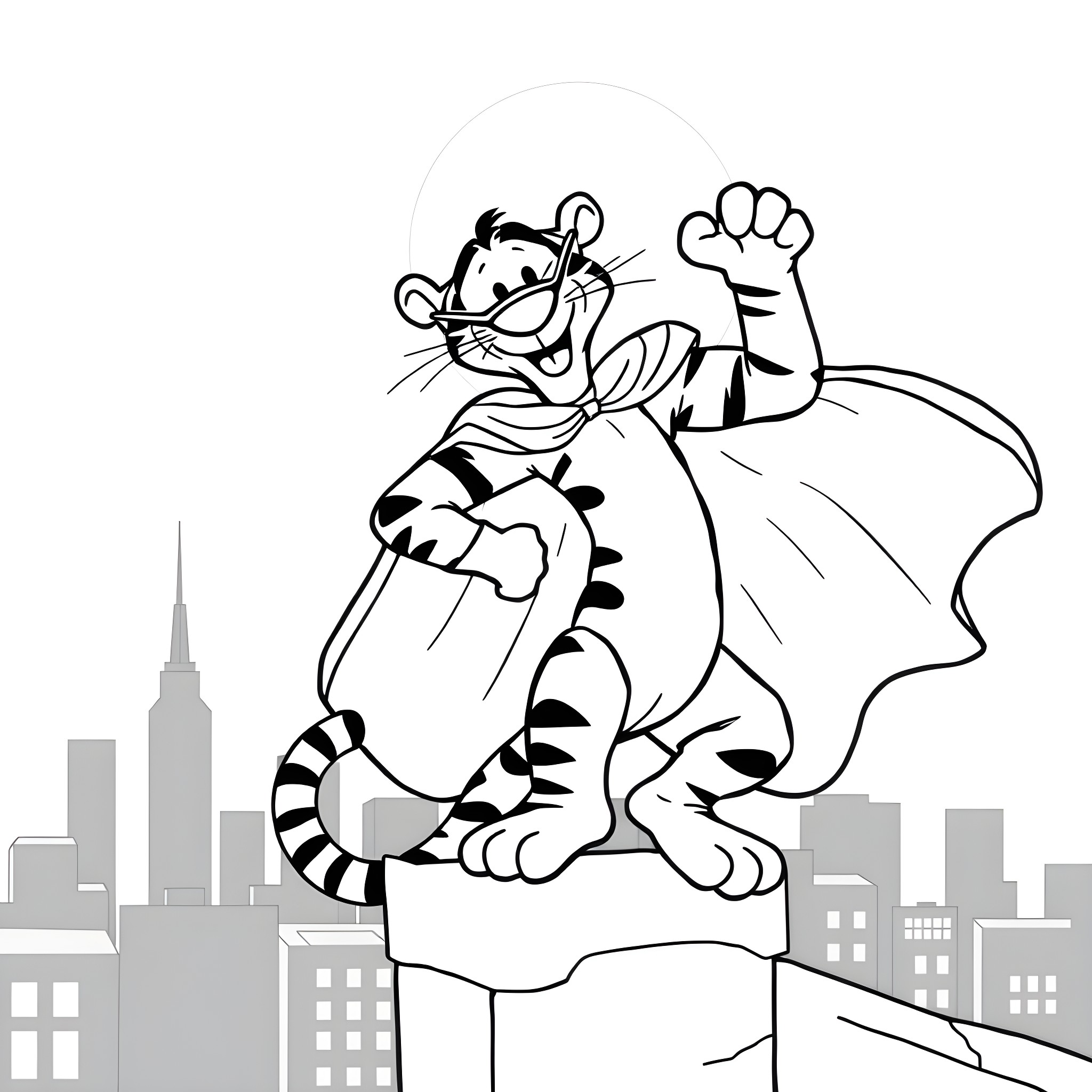 Tigger climbing and waving in the city Coloring Page (free black-and-white line drawing printable PDF for all, from beginners to advanced learners, including children, teens, adults, and seniors)