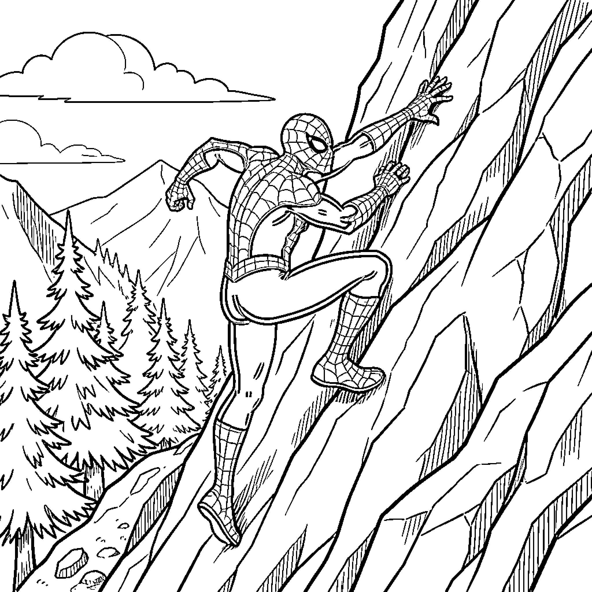 Spider-Man climbing up a steep rocky mountain Coloring Page (free black-and-white line drawing printable PDF for all, from beginners to advanced learners, including children, teens, adults, and seniors)