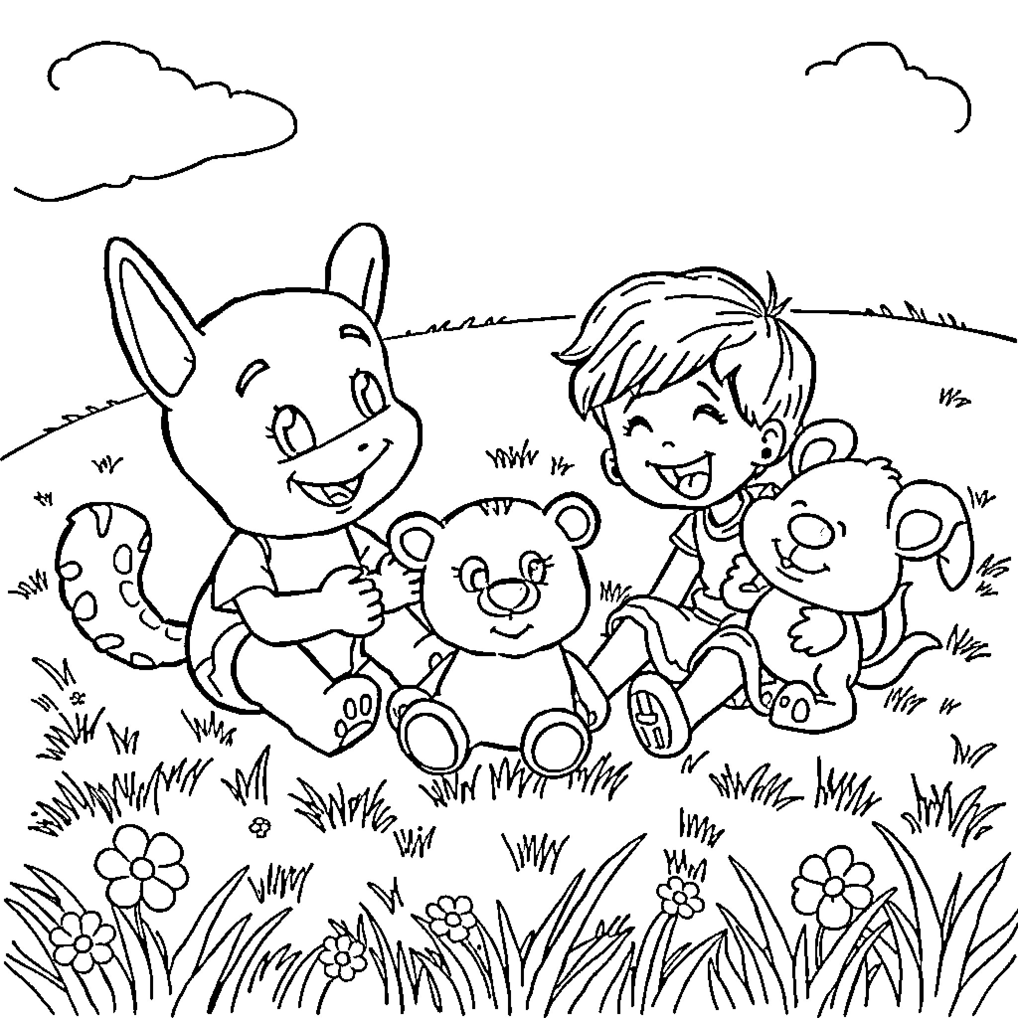 Bluey and friends enjoying the outdoors Coloring Page (free black-and-white line drawing printable PDF for all, from beginners to advanced learners, including children, teens, adults, and seniors)