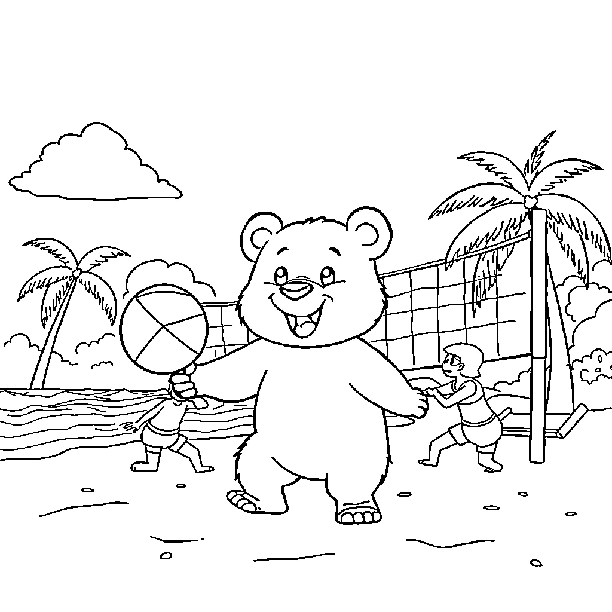 Bear enjoying summer beach activities with friends Coloring Page (free black-and-white line drawing printable PDF for all, from beginners to advanced learners, including children, teens, adults, and seniors)