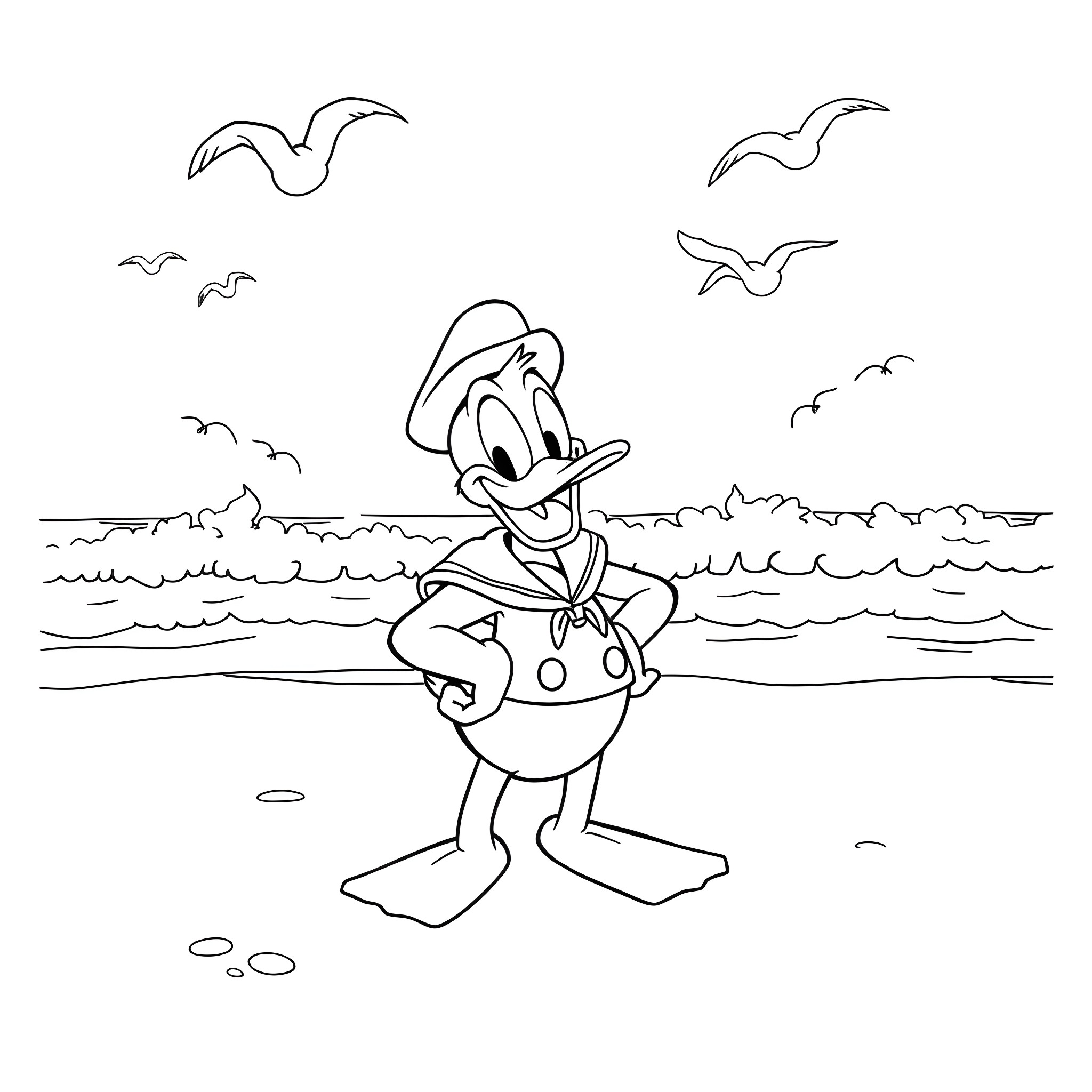 Donald Duck swimming in the ocean with seagulls Coloring Page (free black-and-white line drawing printable PDF for all, from beginners to advanced learners, including children, teens, adults, and seniors)