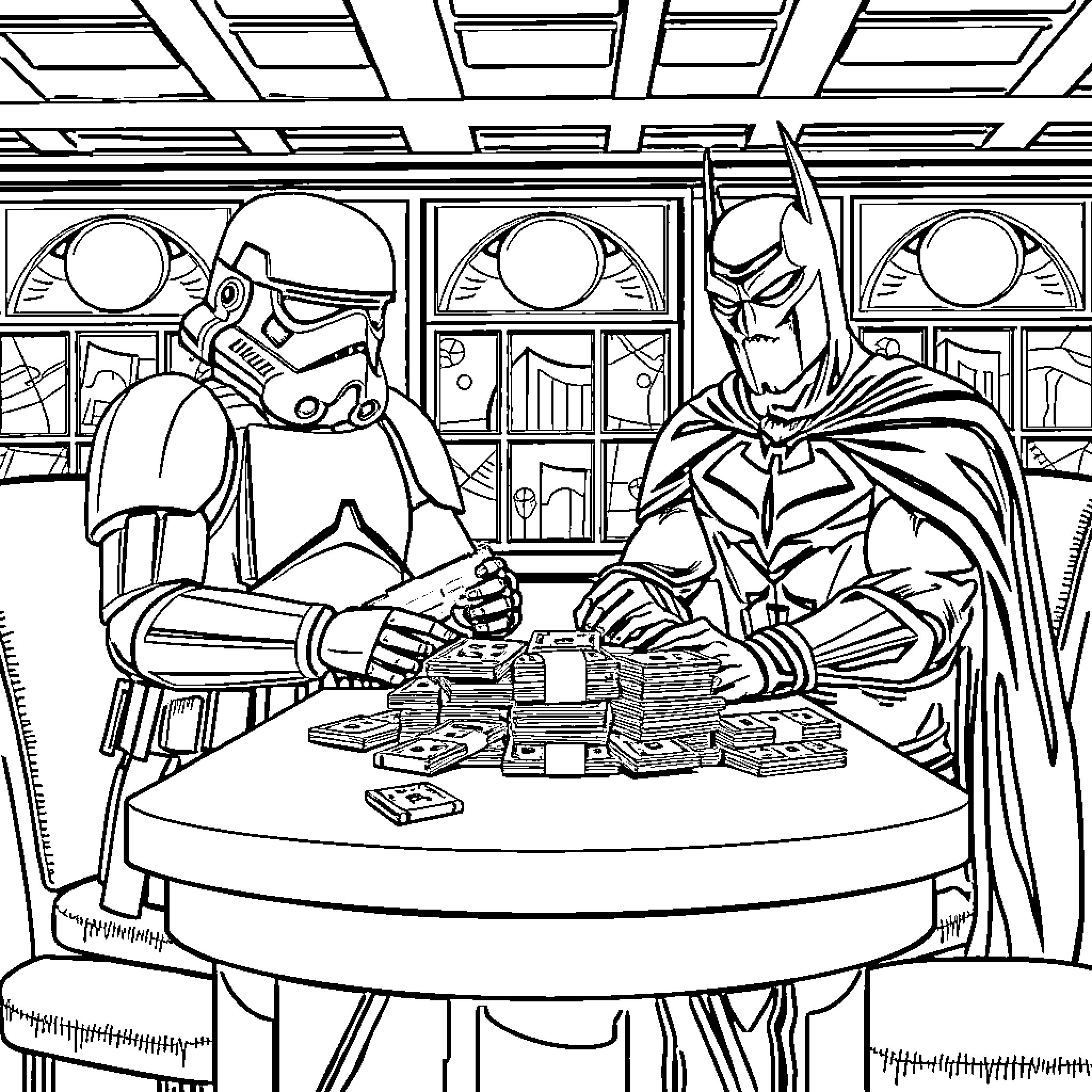 Stormtrooper and Batman playing strategy game in library Coloring Page (free black-and-white line drawing printable PDF for all, from beginners to advanced learners, including children, teens, adults, and seniors)