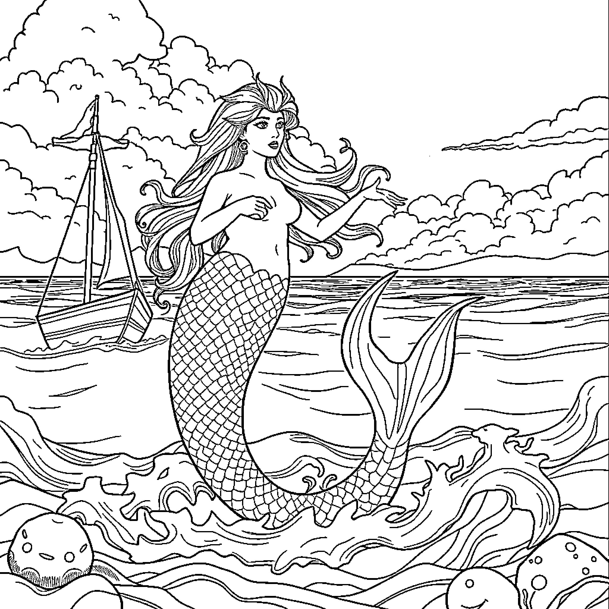 Sirena, the Enchanting Mermaid at Sea Coloring Page (free black-and-white line drawing printable PDF for all, from beginners to advanced learners, including children, teens, adults, and seniors)