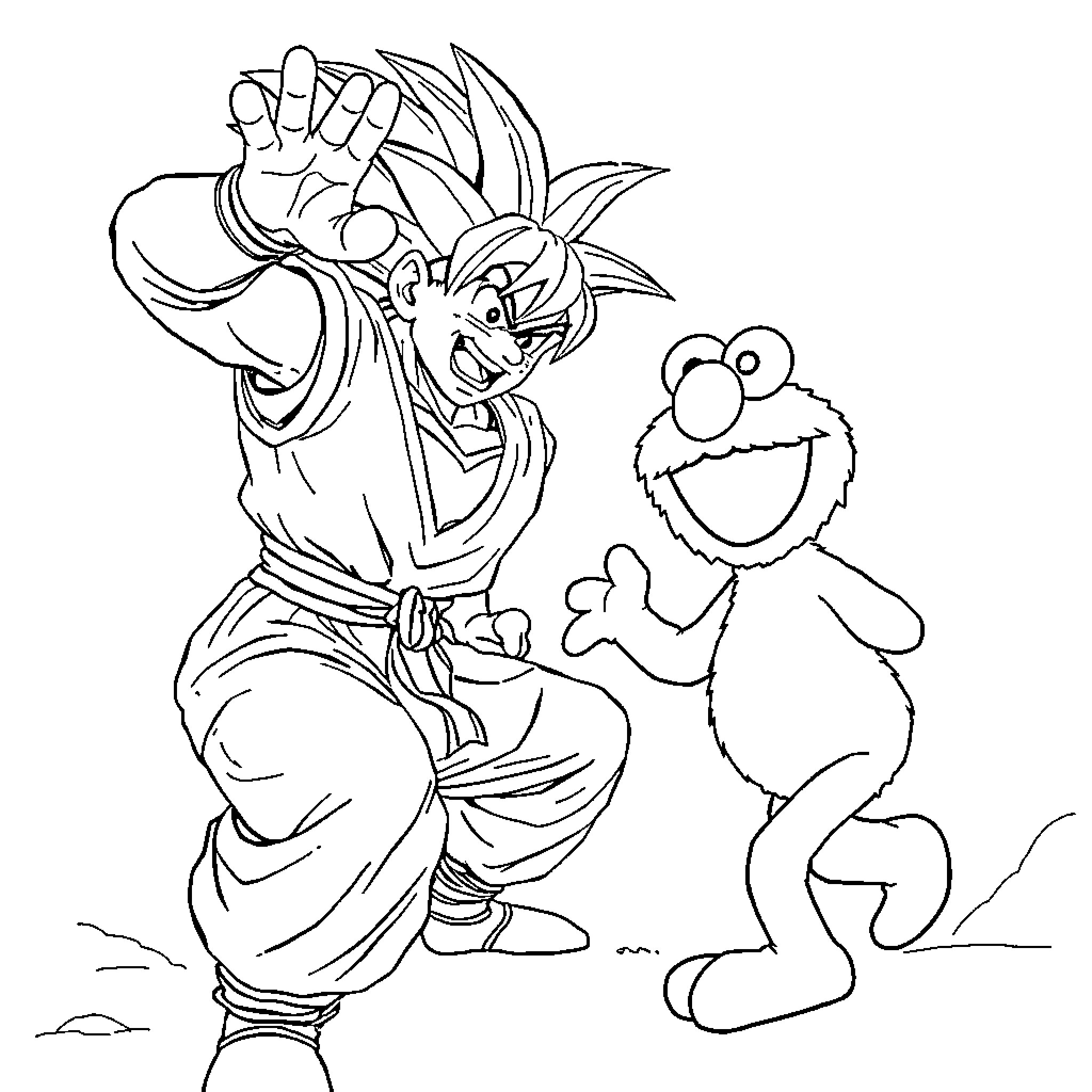 Goku and Cookie Monster Interact Playfully Coloring Page (free black-and-white line drawing printable PDF for all, from beginners to advanced learners, including children, teens, adults, and seniors)